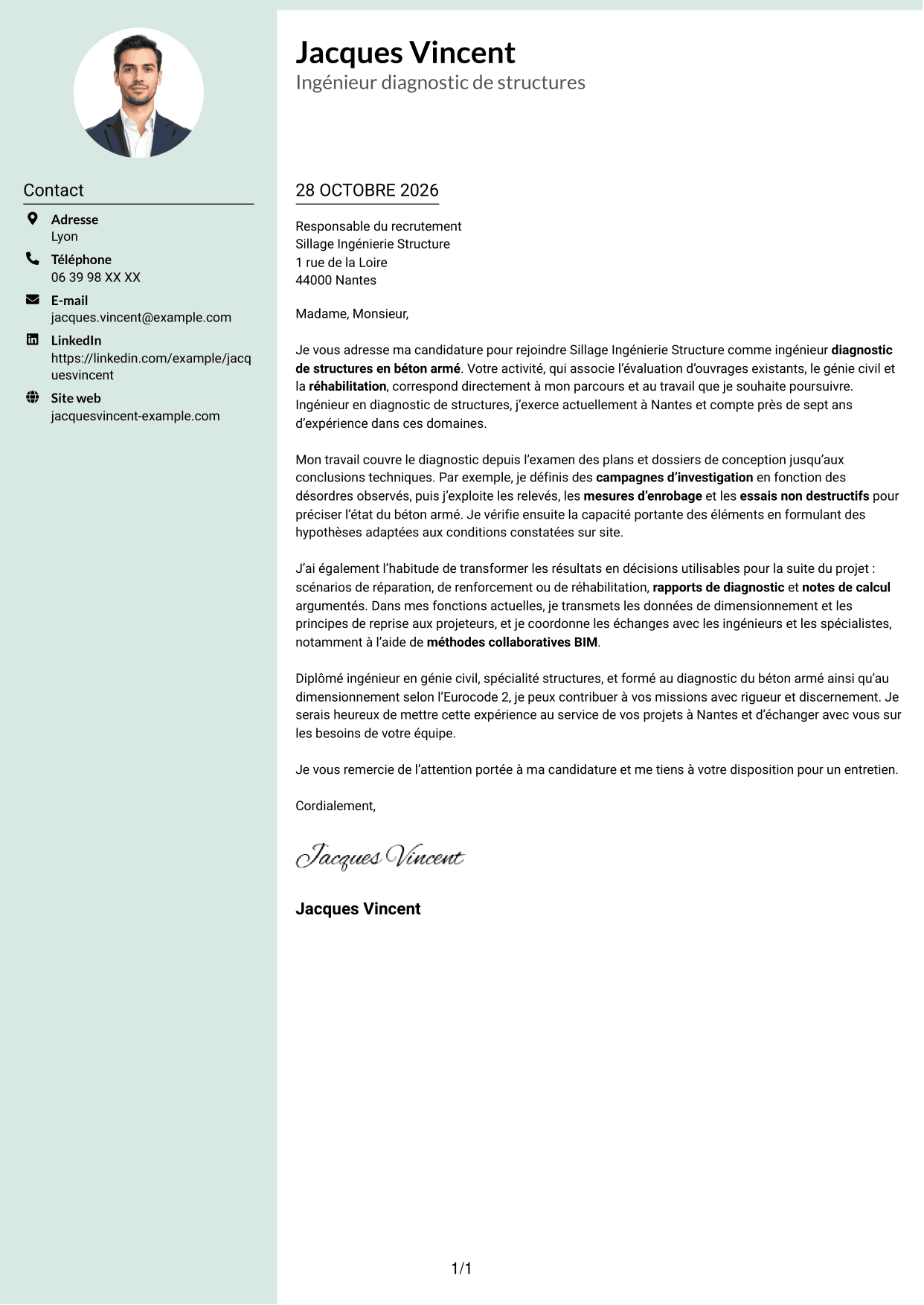Lettre de motivation Cadre (format à colonne latérale douce avec photo arrondie) : Ingénieur diagnostic de structures en béton armé, page 1