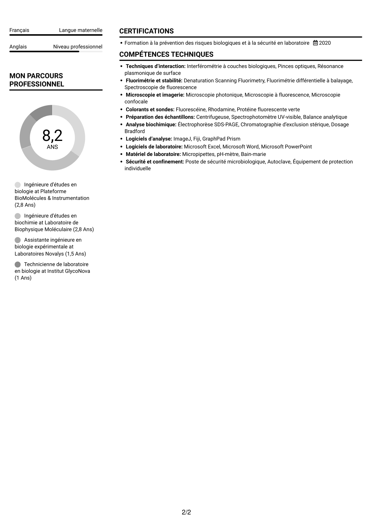CV Compact (format sobre à deux colonnes avec photo) : Ingénieur·e d’études en biologie - Interactions macromoléculaires, page 2