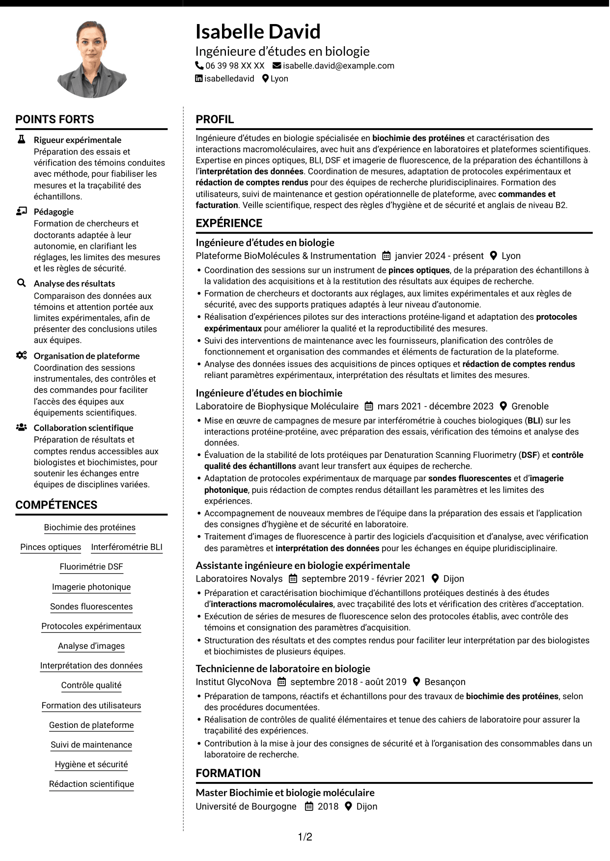CV Moderne (format à deux colonnes avec photo à gauche et séparateur) : Ingénieur·e d’études en biologie - Interactions macromoléculaires, page 1