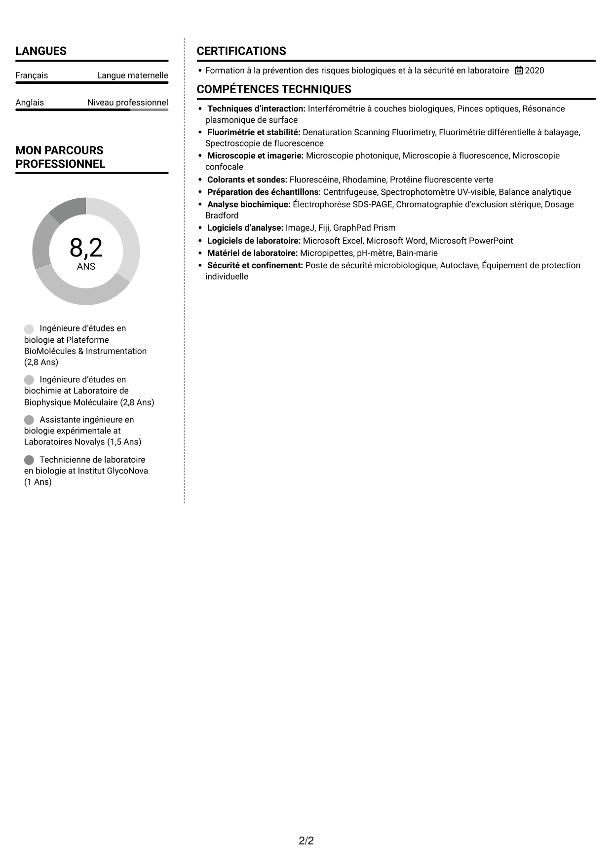 CV Moderne (format à deux colonnes avec photo à gauche et séparateur) : Ingénieur·e d’études en biologie - Interactions macromoléculaires, page 2