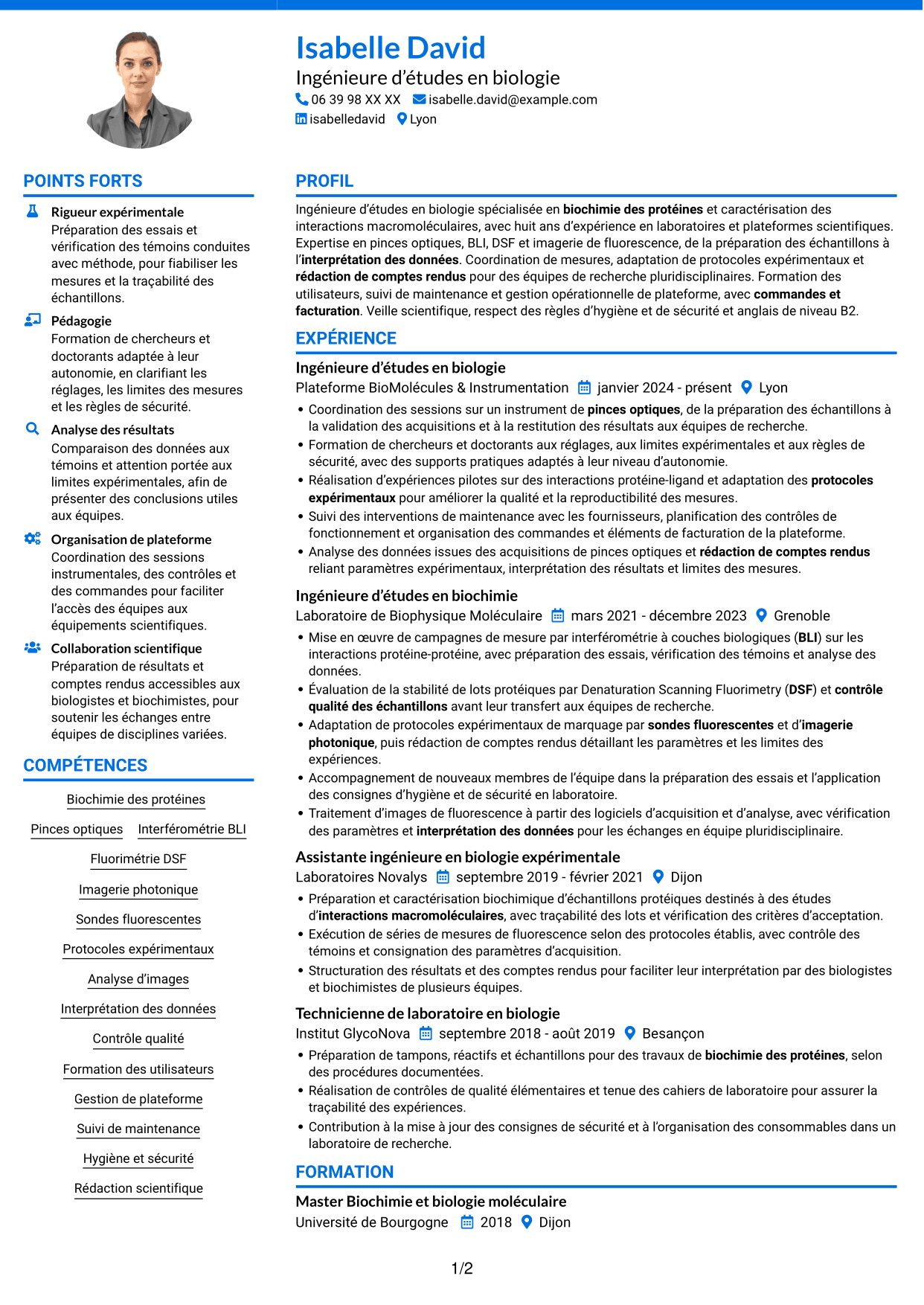 CV Audacieux (format à deux colonnes avec accents colorés et photo) : Ingénieur·e d’études en biologie - Interactions macromoléculaires, page 1