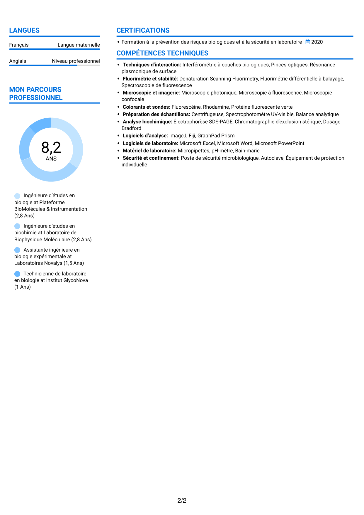 CV Audacieux (format à deux colonnes avec accents colorés et photo) : Ingénieur·e d’études en biologie - Interactions macromoléculaires, page 2