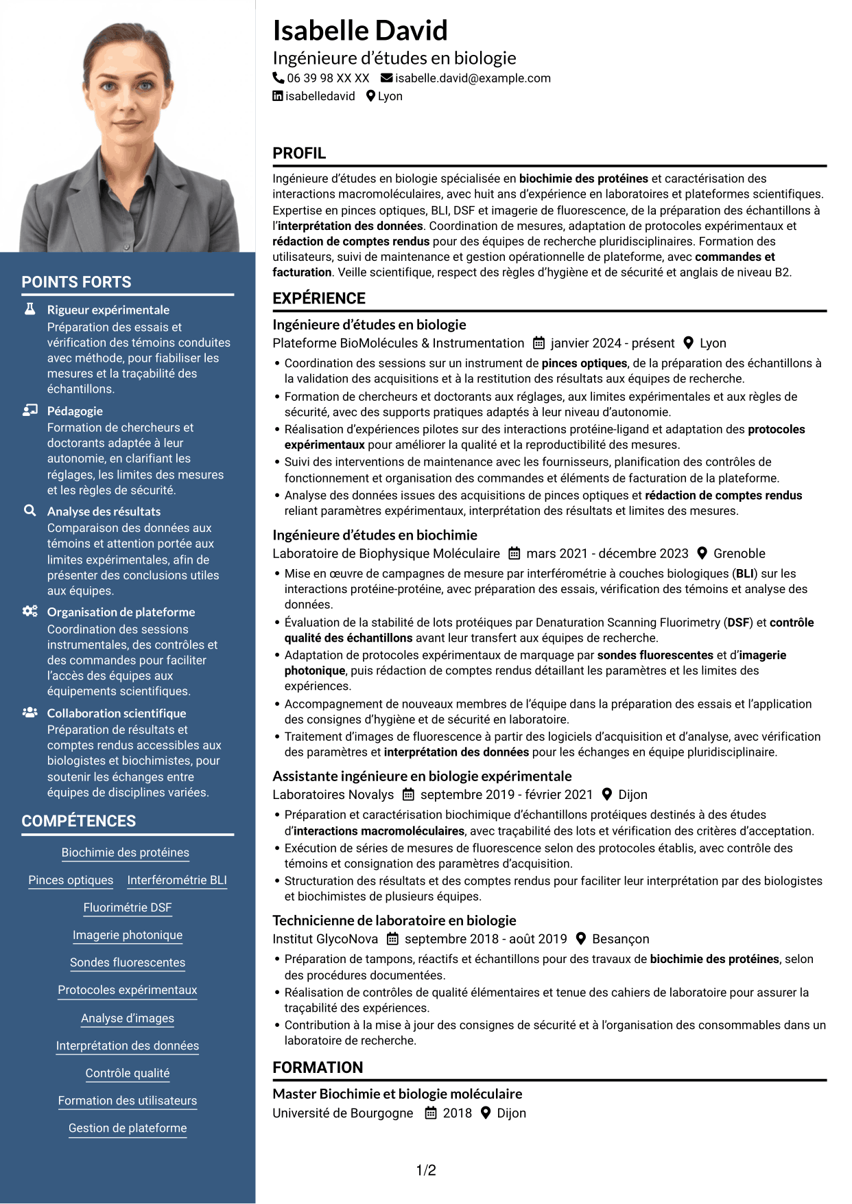CV Signature (format à colonne latérale colorée avec grande photo) : Ingénieur·e d’études en biologie - Interactions macromoléculaires, page 1