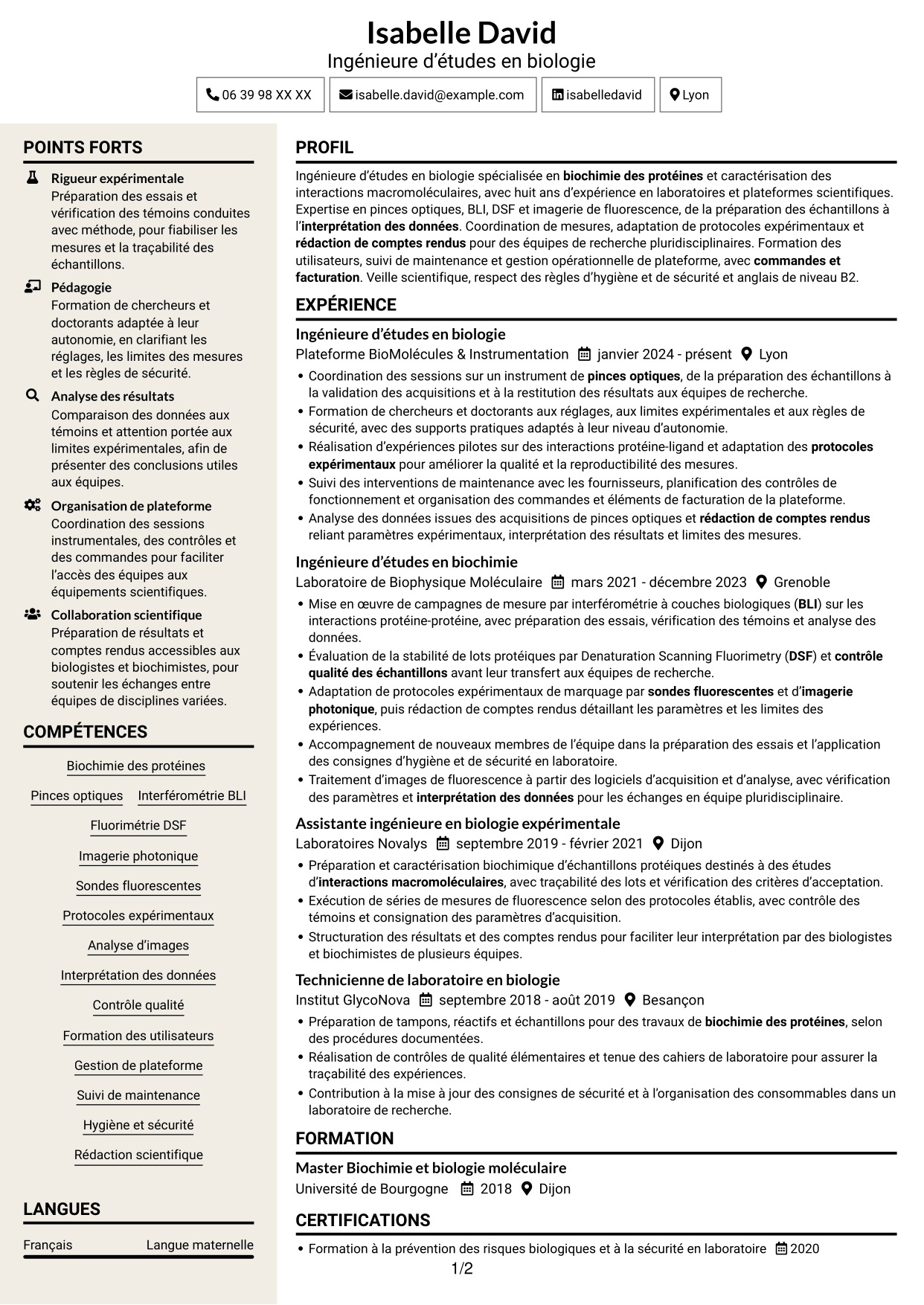 CV Fonceur (format à deux colonnes avec en-tête centré sans photo) : Ingénieur·e d’études en biologie - Interactions macromoléculaires, page 1