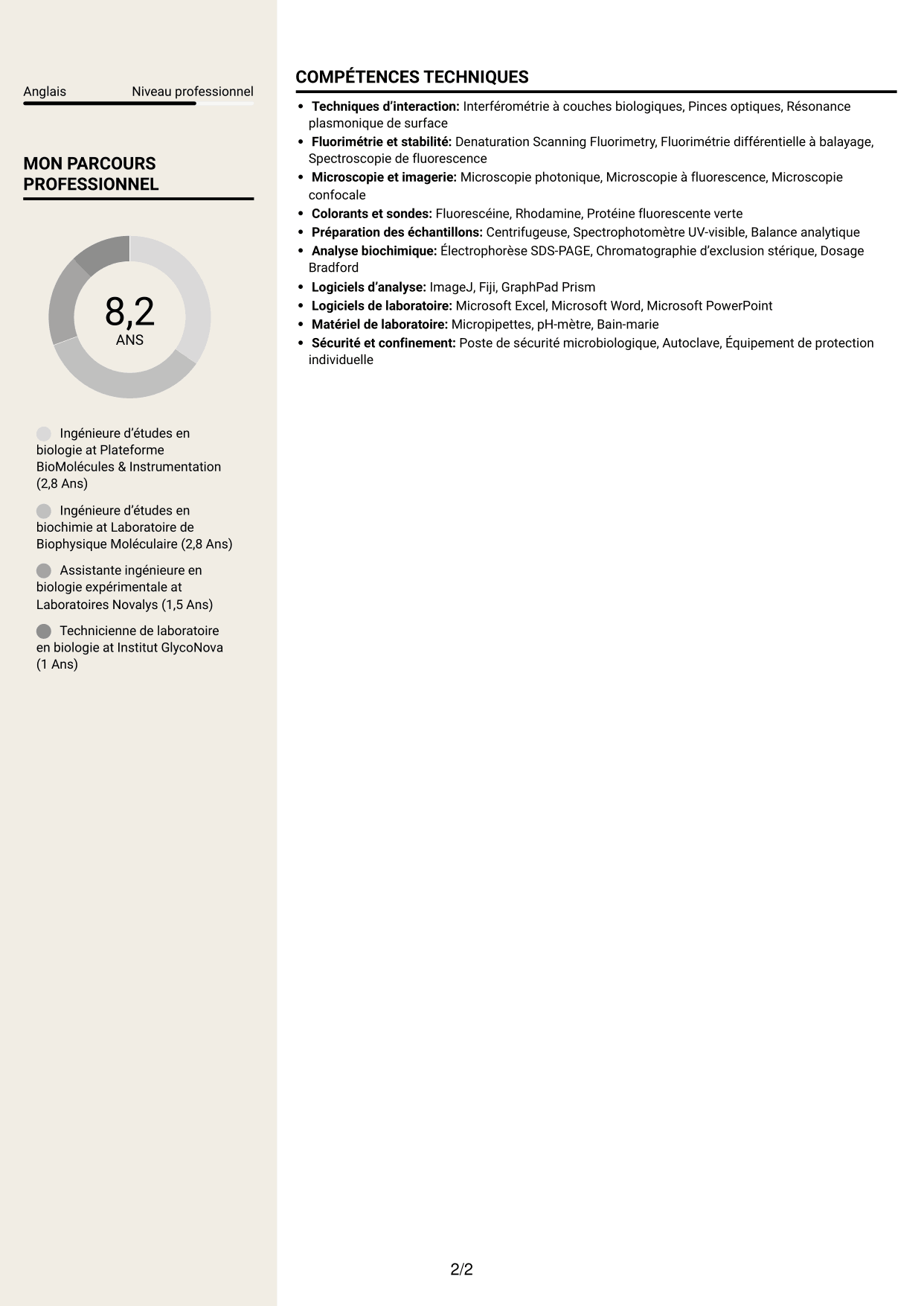 CV Fonceur (format à deux colonnes avec en-tête centré sans photo) : Ingénieur·e d’études en biologie - Interactions macromoléculaires, page 2
