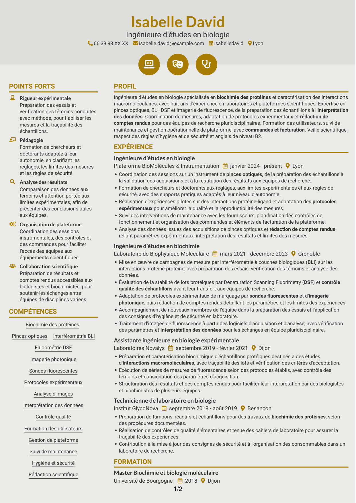 CV Dynamique (format à deux colonnes avec icônes) : Ingénieur·e d’études en biologie - Interactions macromoléculaires, page 1