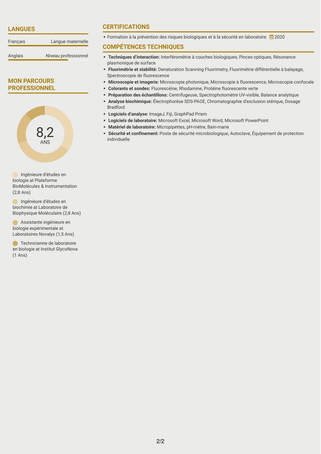 CV Dynamique (format à deux colonnes avec icônes) : Ingénieur·e d’études en biologie - Interactions macromoléculaires, page 2