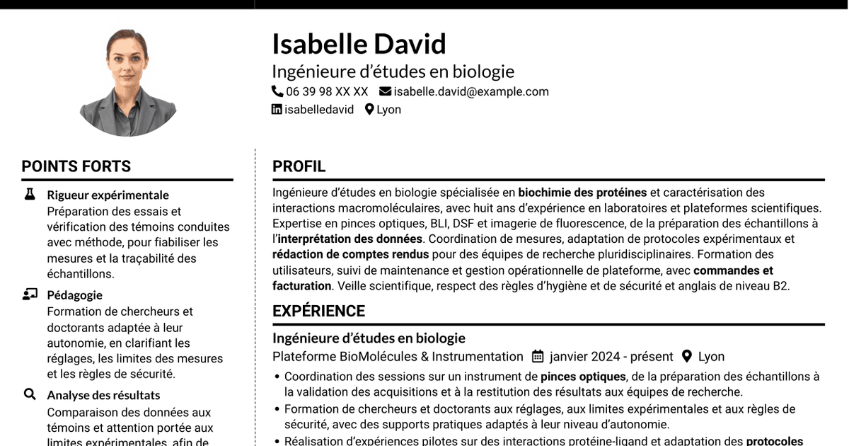 7 modèles de CV pour Ingénieur·e d’études en biologie - Interactions macromoléculaires, avec exemples