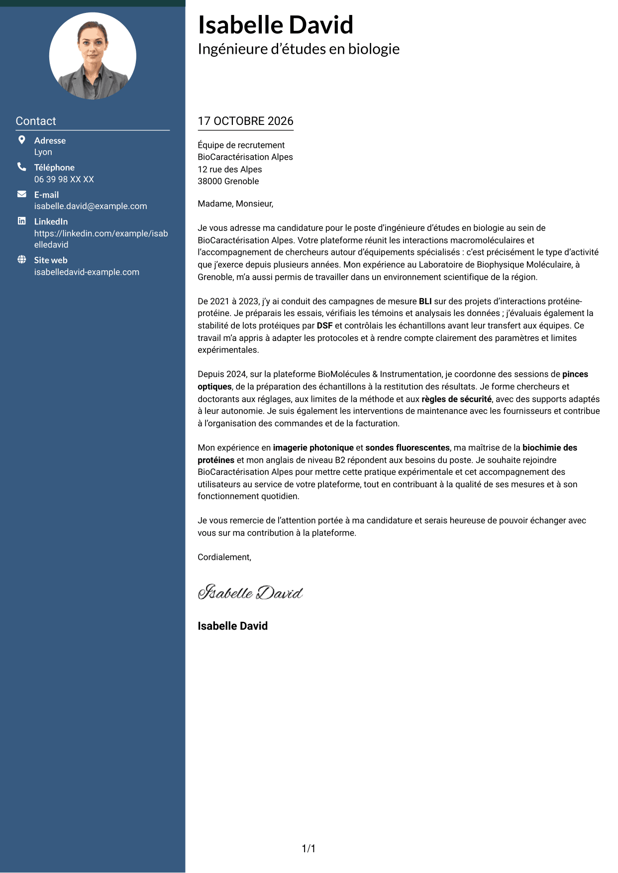 Lettre de motivation Élégant (format à colonne latérale colorée avec photo) : Ingénieur·e d’études en biologie - Interactions macromoléculaires, page 1
