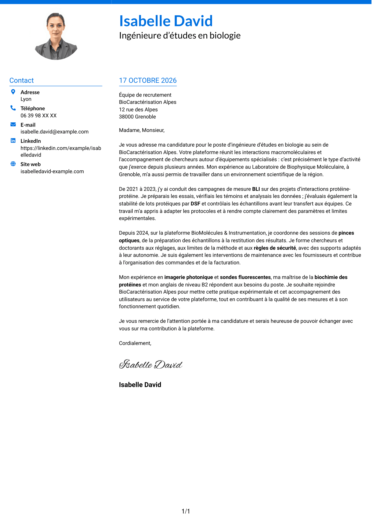 Lettre de motivation Audacieux (format à deux colonnes avec accents colorés et photo) : Ingénieur·e d’études en biologie - Interactions macromoléculaires, page 1