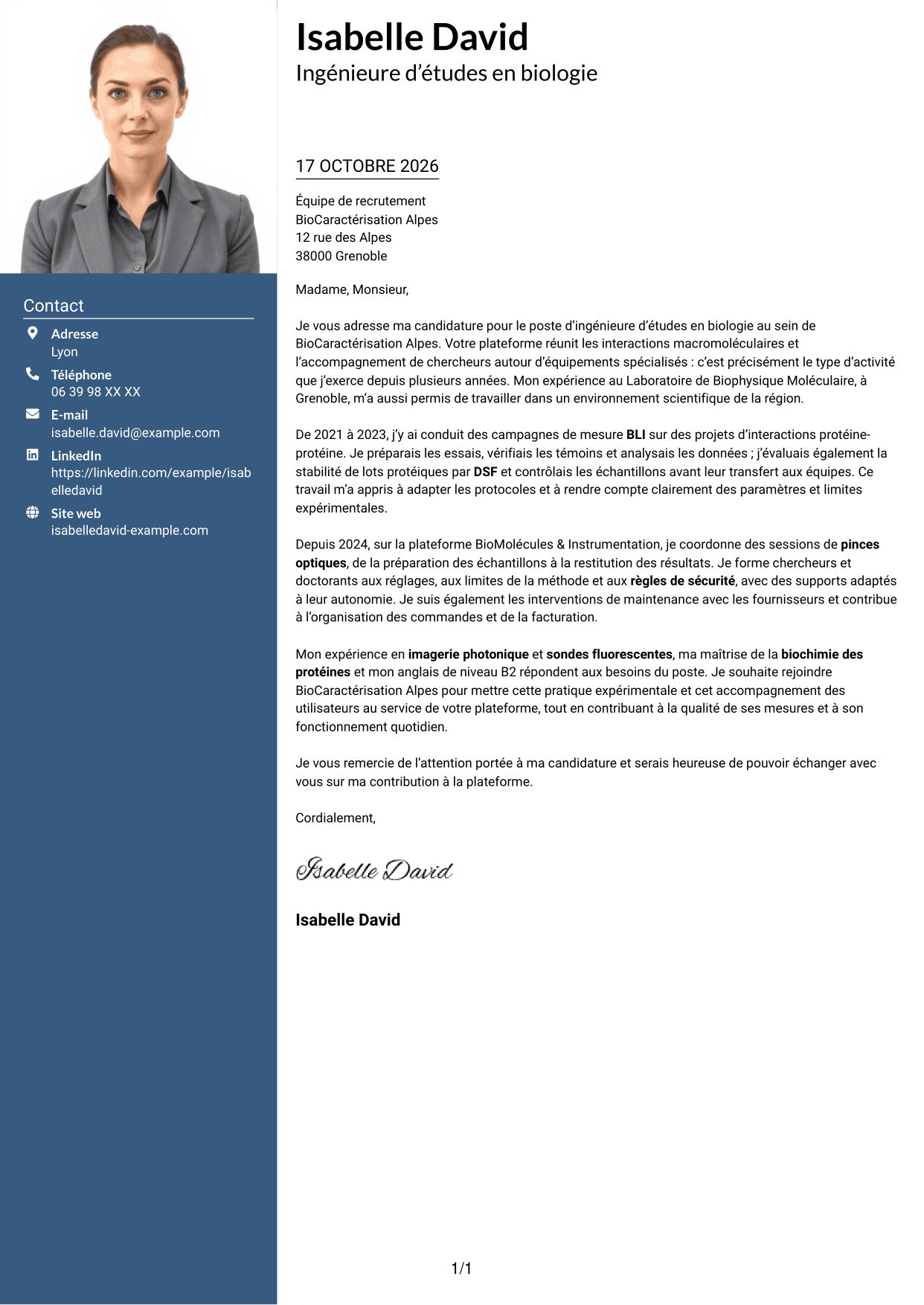 Lettre de motivation Signature (format à colonne latérale colorée avec grande photo) : Ingénieur·e d’études en biologie - Interactions macromoléculaires, page 1