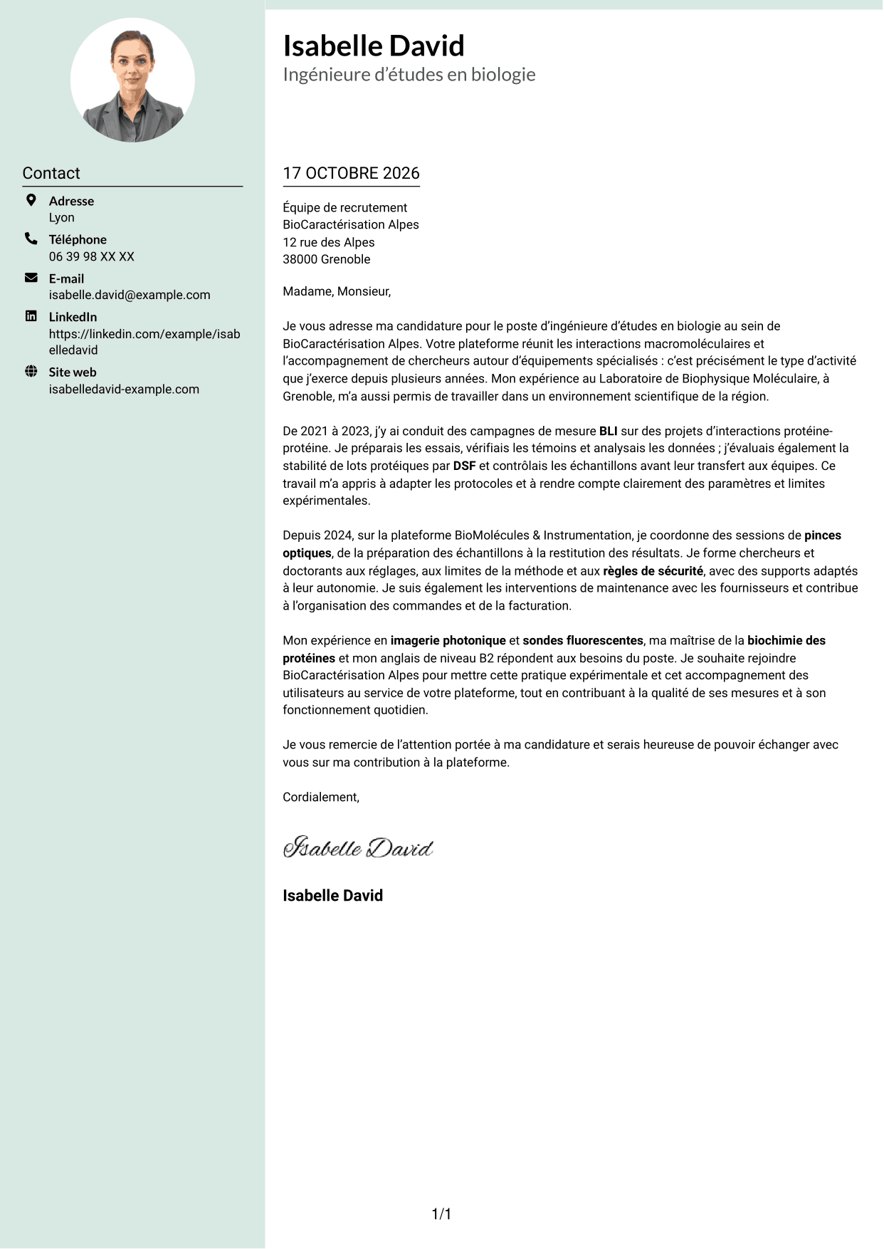 Lettre de motivation Cadre (format à colonne latérale douce avec photo arrondie) : Ingénieur·e d’études en biologie - Interactions macromoléculaires, page 1