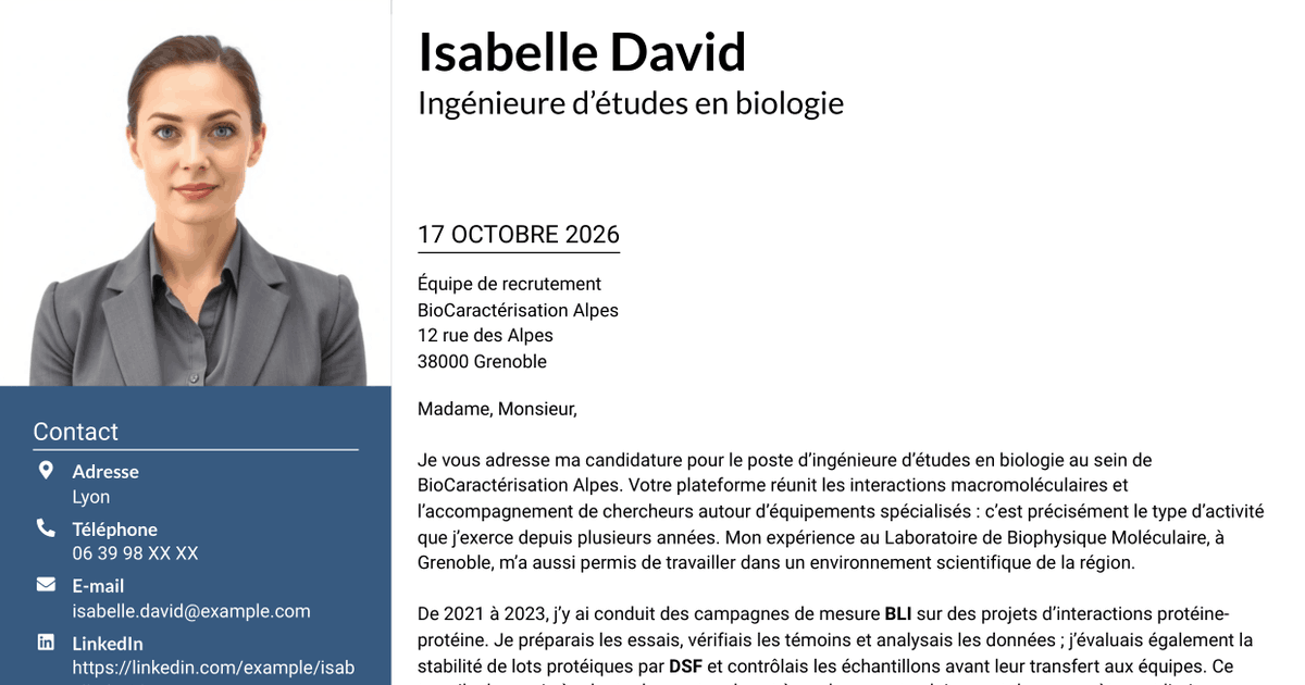 7 modèles de lettre de motivation pour Ingénieur·e d’études en biologie - Interactions macromoléculaires, avec exemples