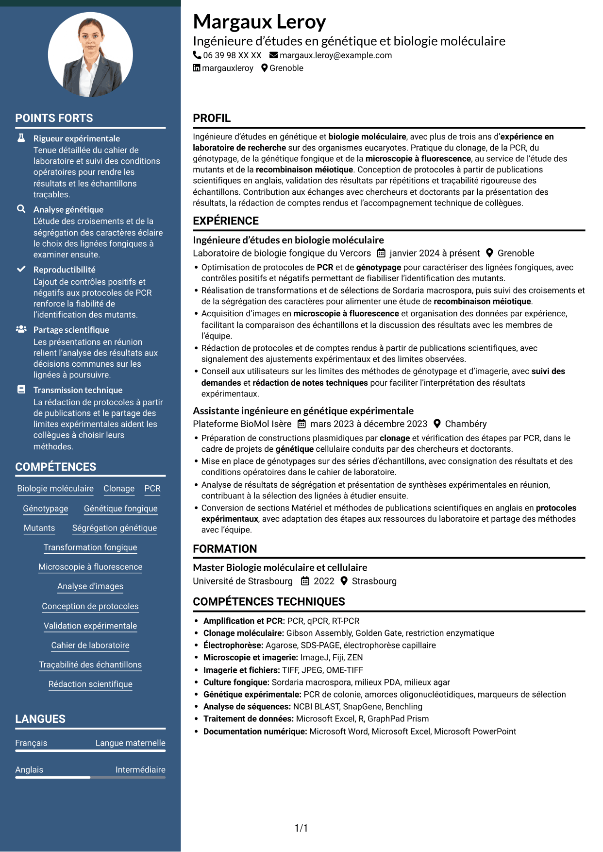 CV Élégant (format à colonne latérale colorée avec photo) : Ingénieur·e d’études en génétique et biologie moléculaire, page 1