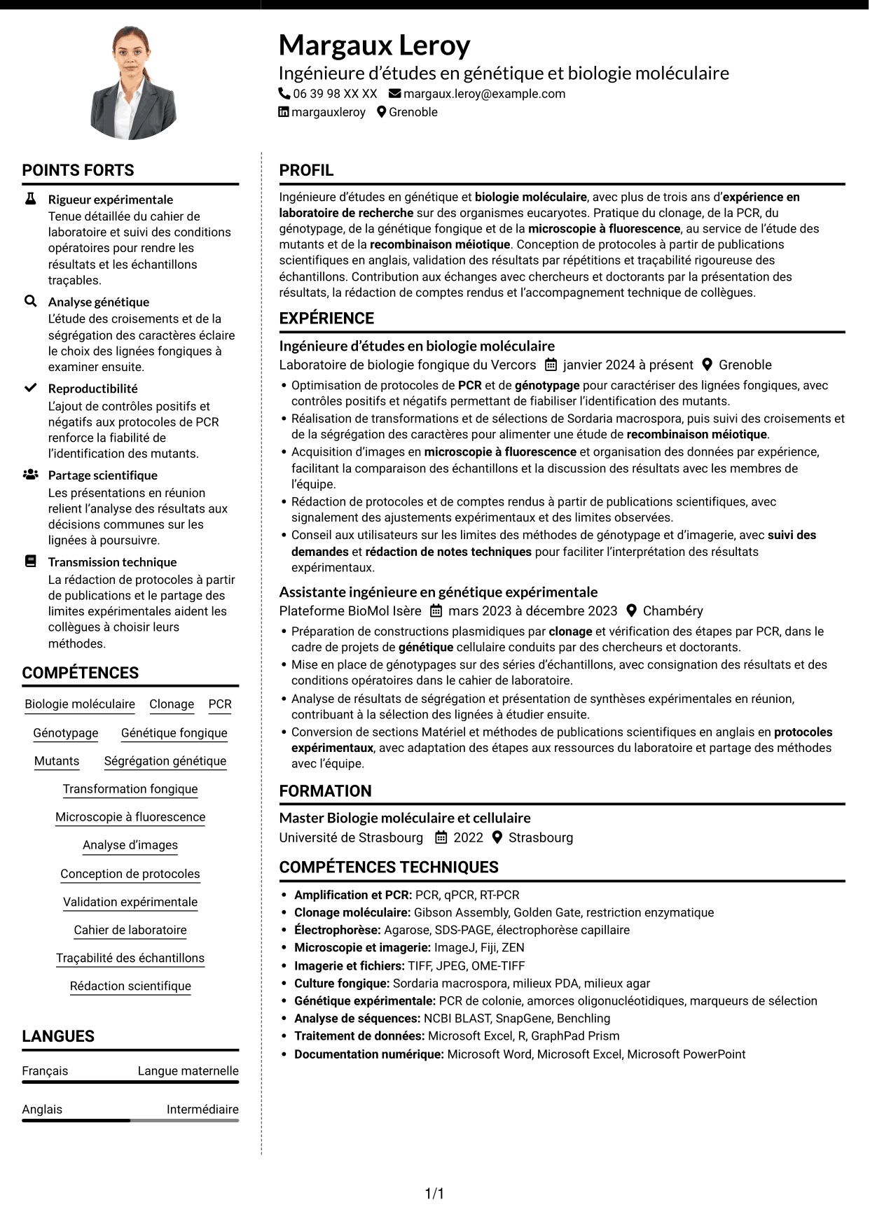 CV Moderne (format à deux colonnes avec photo à gauche et séparateur) : Ingénieur·e d’études en génétique et biologie moléculaire, page 1