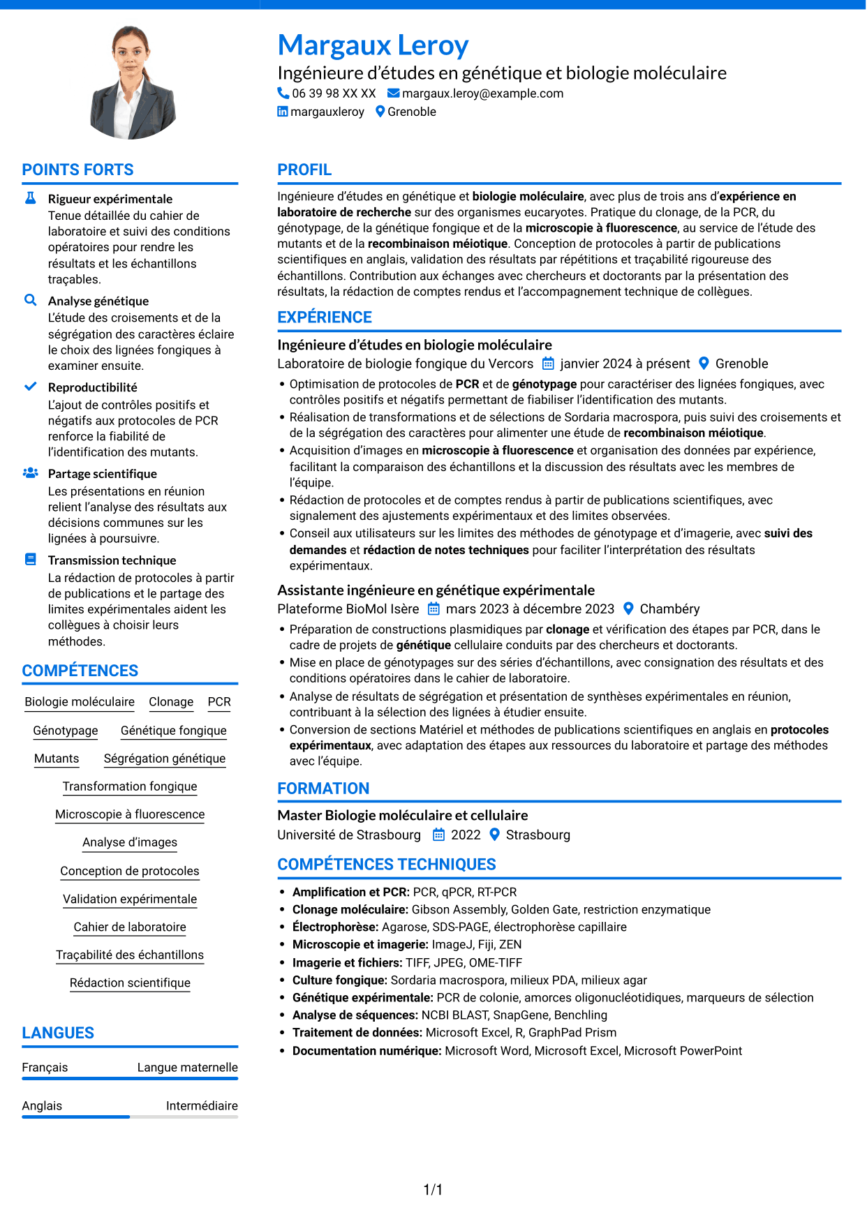 CV Audacieux (format à deux colonnes avec accents colorés et photo) : Ingénieur·e d’études en génétique et biologie moléculaire, page 1