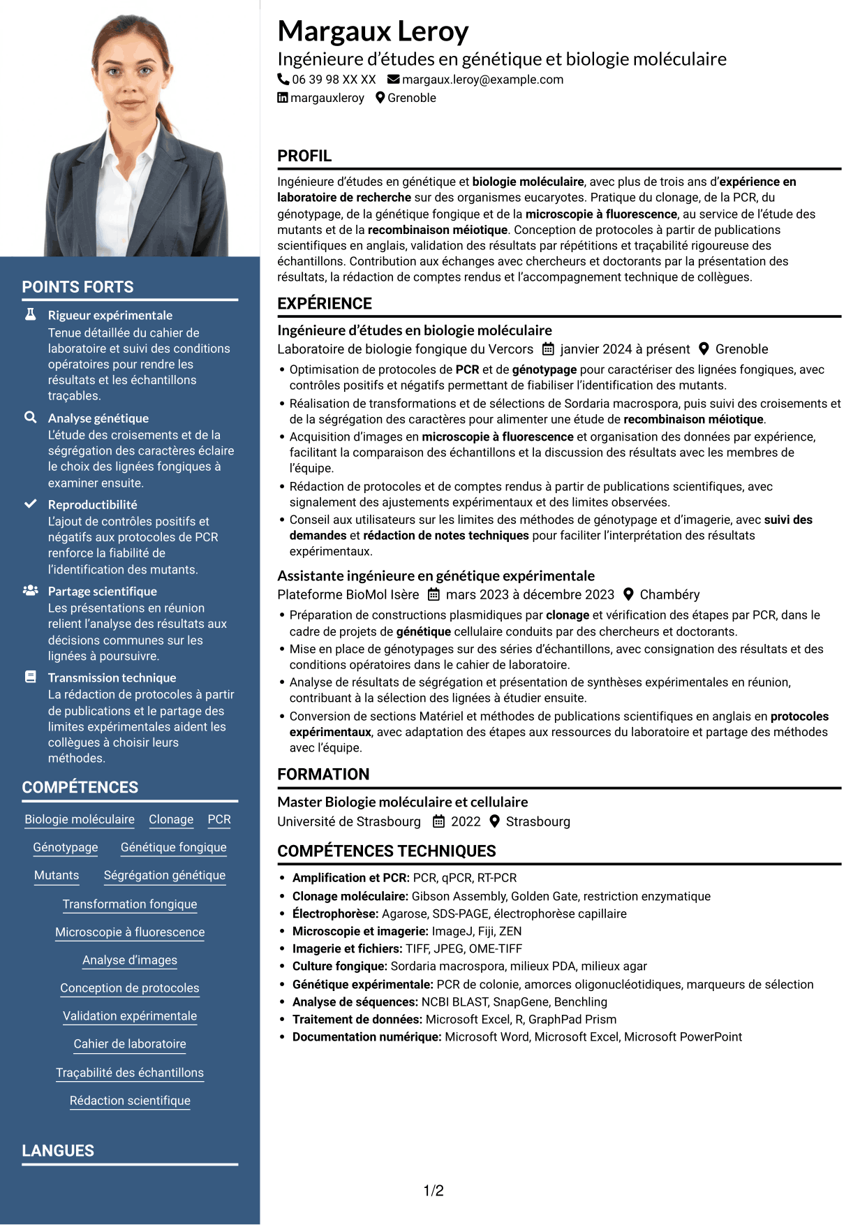 CV Signature (format à colonne latérale colorée avec grande photo) : Ingénieur·e d’études en génétique et biologie moléculaire, page 1