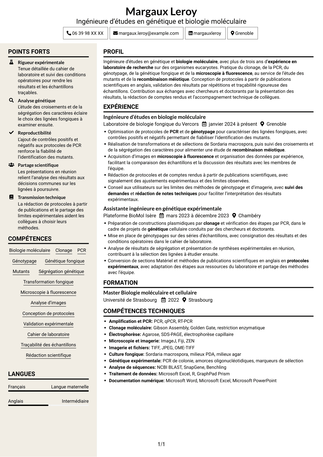 CV Fonceur (format à deux colonnes avec en-tête centré sans photo) : Ingénieur·e d’études en génétique et biologie moléculaire, page 1