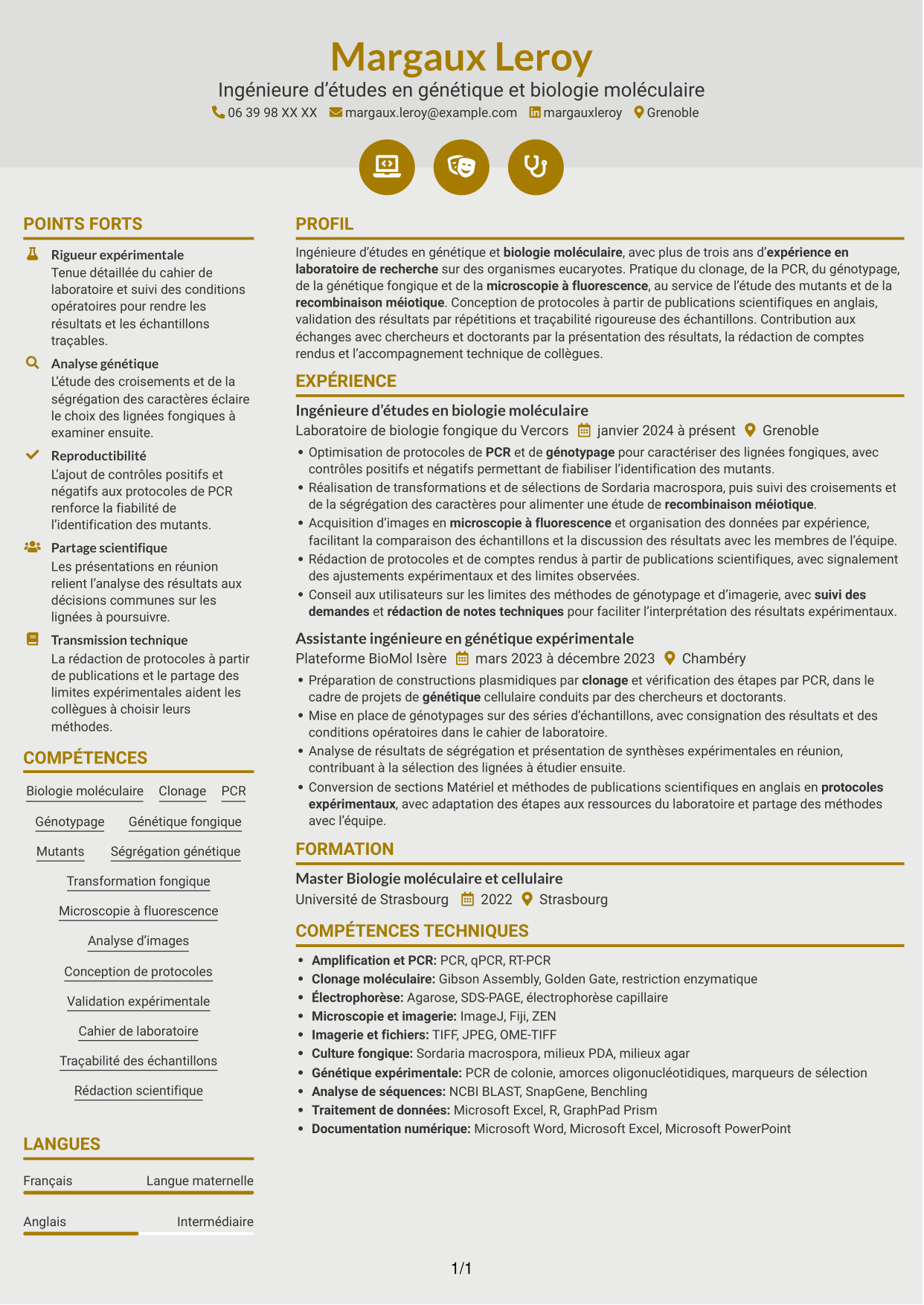 CV Dynamique (format à deux colonnes avec icônes) : Ingénieur·e d’études en génétique et biologie moléculaire, page 1