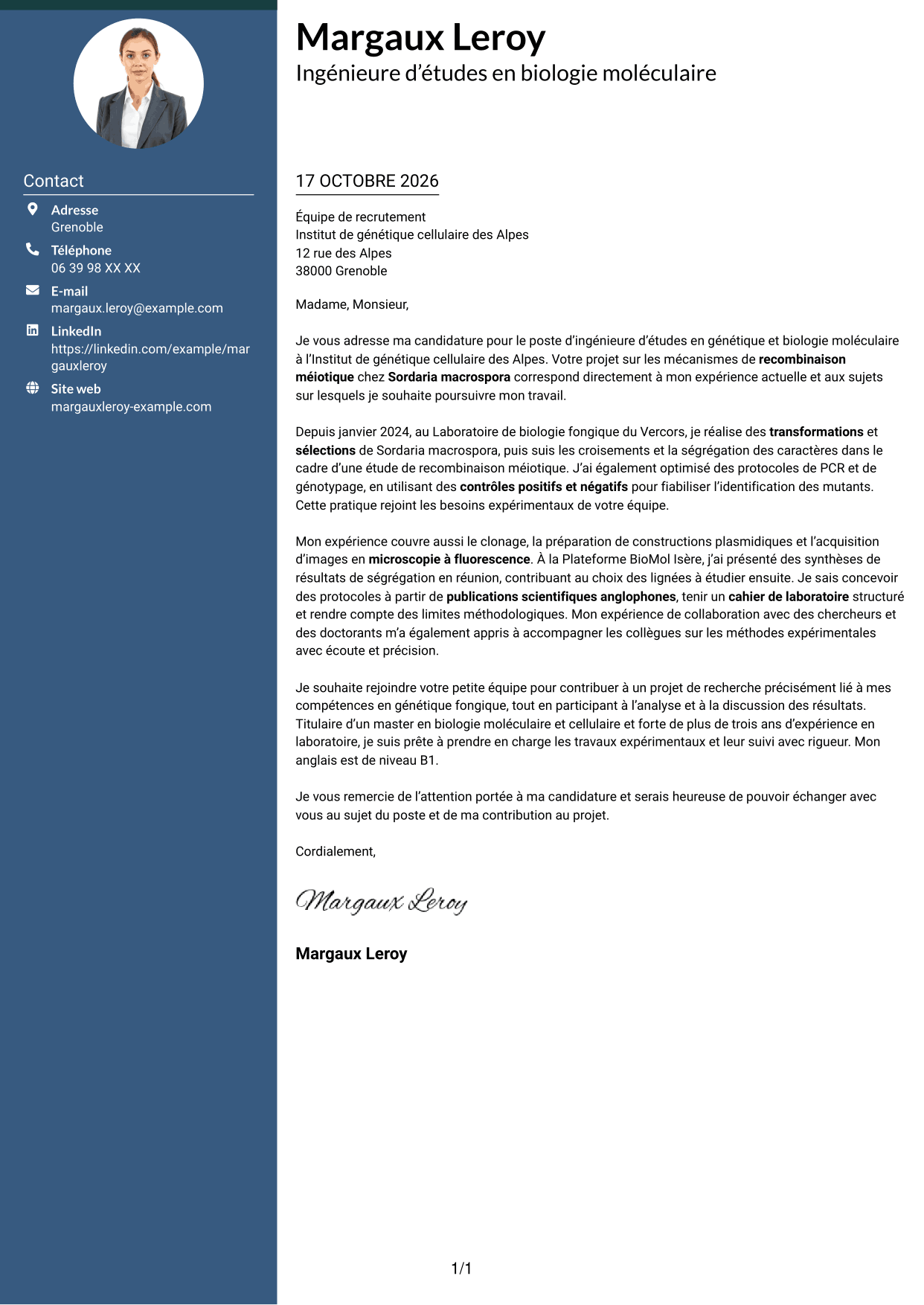 Lettre de motivation Élégant (format à colonne latérale colorée avec photo) : Ingénieur·e d’études en génétique et biologie moléculaire, page 1