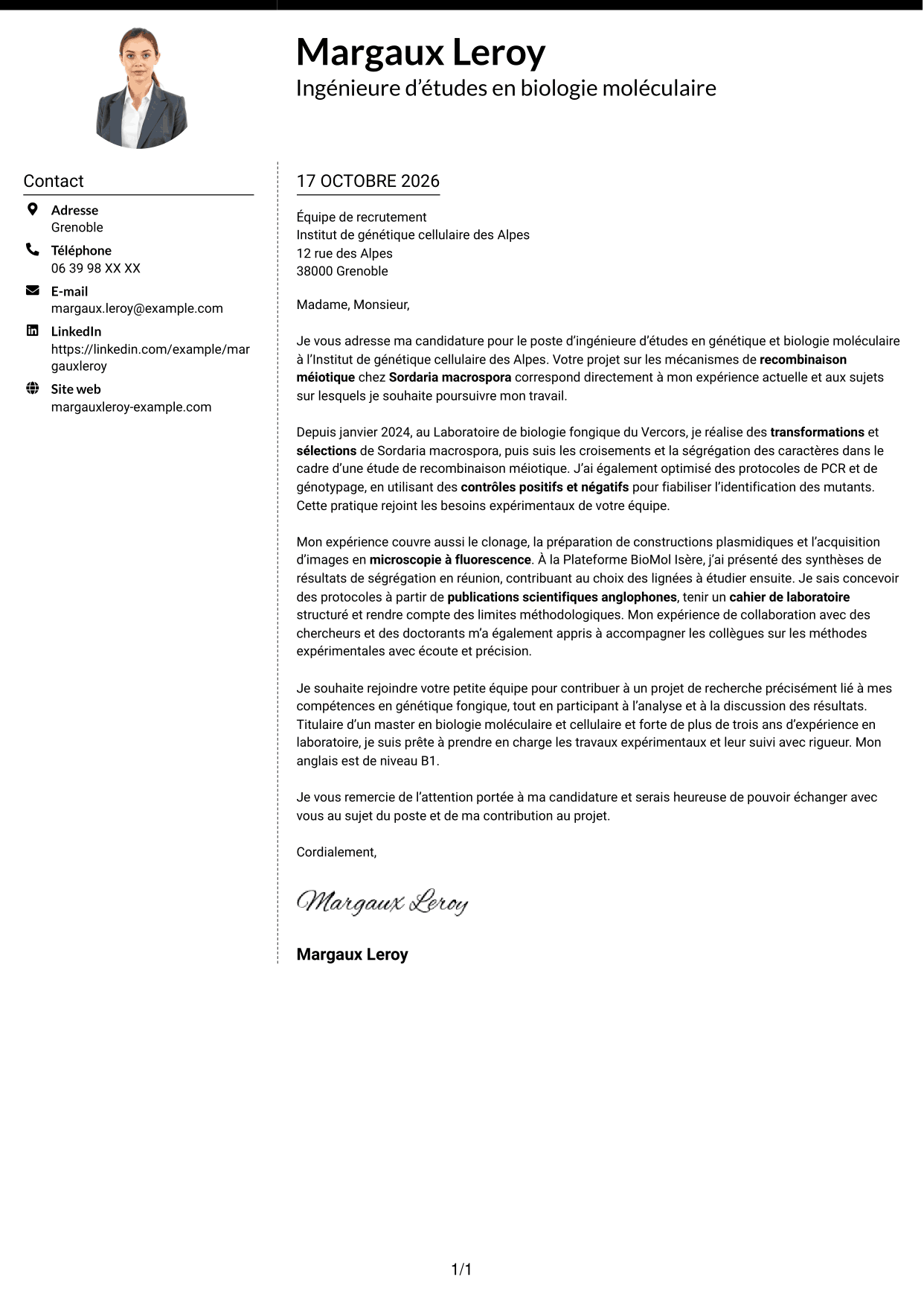 Lettre de motivation Moderne (format à deux colonnes avec photo à gauche et séparateur) : Ingénieur·e d’études en génétique et biologie moléculaire, page 1
