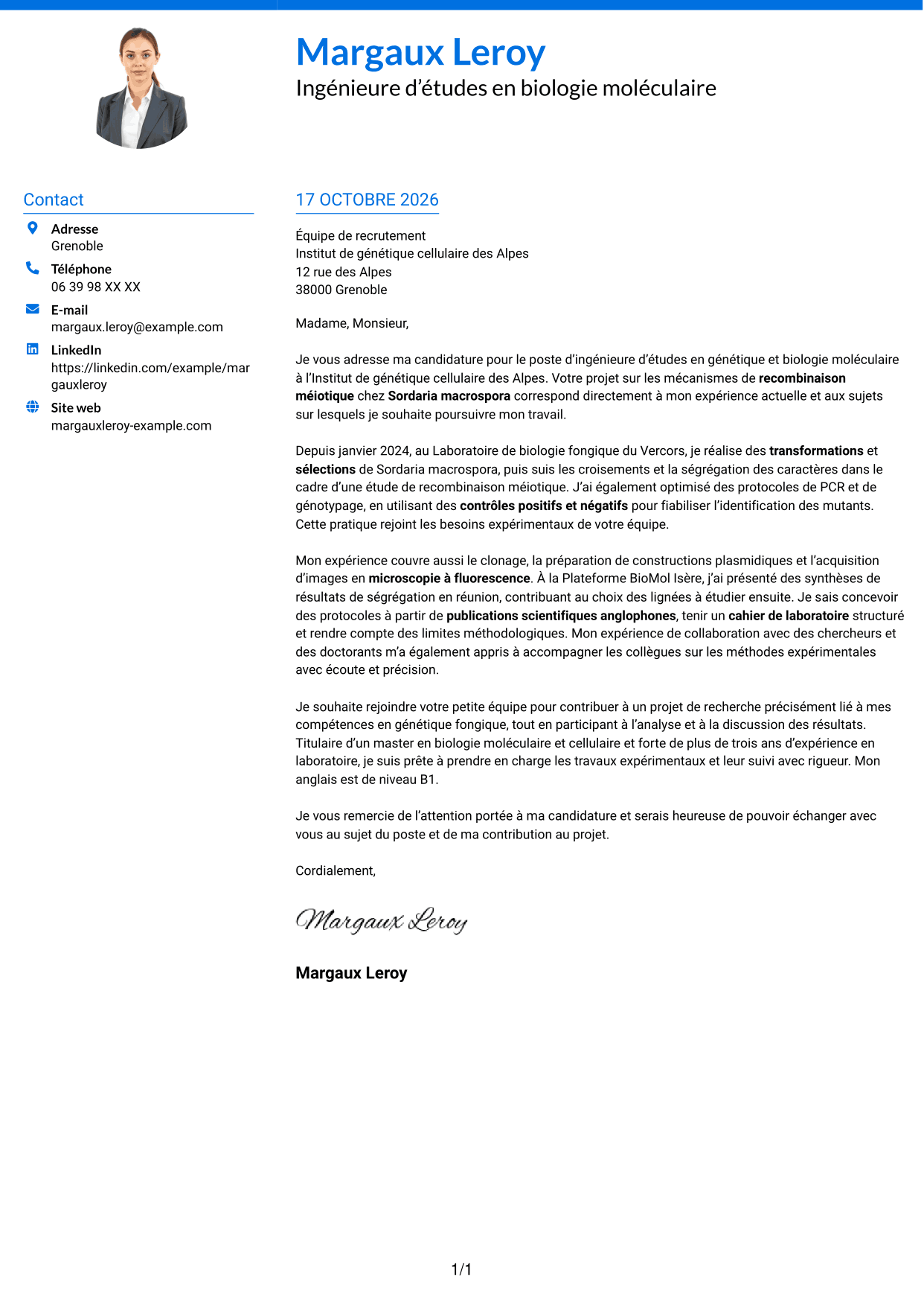 Lettre de motivation Audacieux (format à deux colonnes avec accents colorés et photo) : Ingénieur·e d’études en génétique et biologie moléculaire, page 1