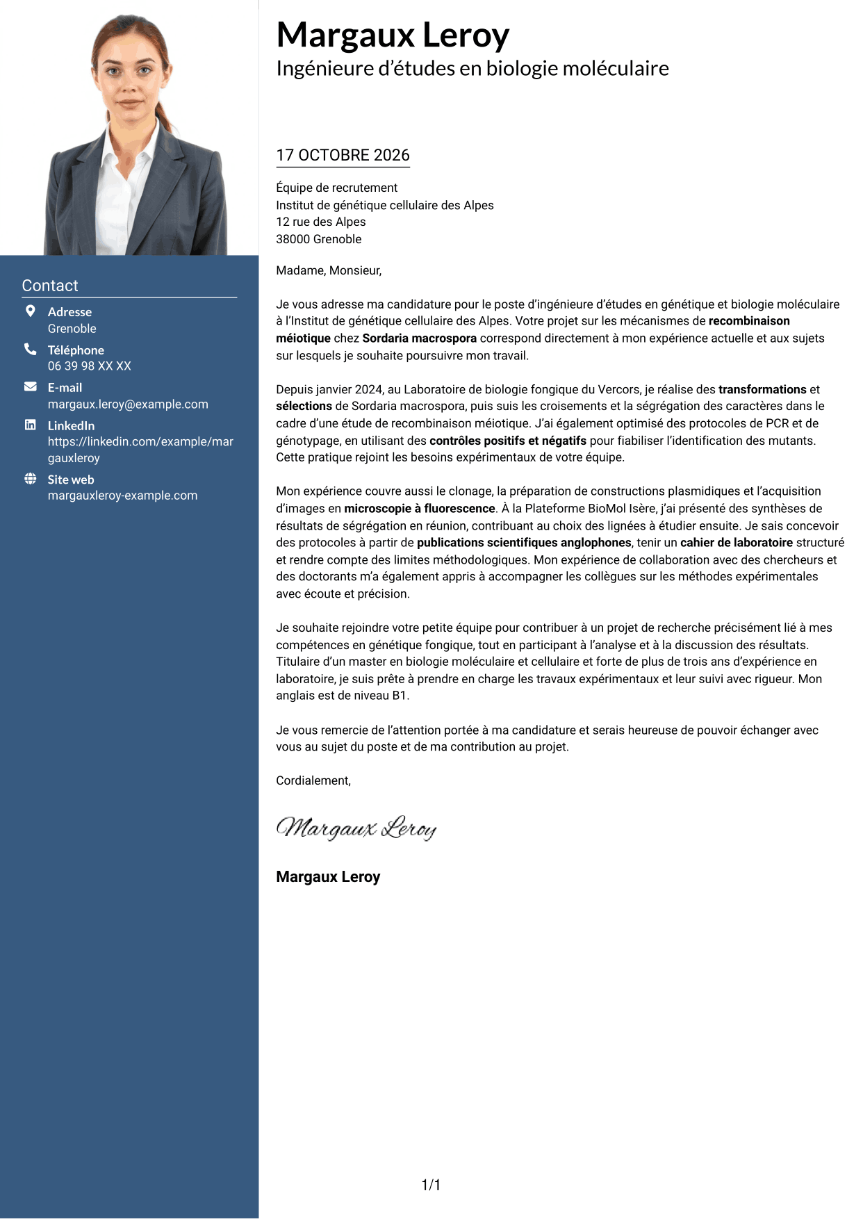 Lettre de motivation Signature (format à colonne latérale colorée avec grande photo) : Ingénieur·e d’études en génétique et biologie moléculaire, page 1