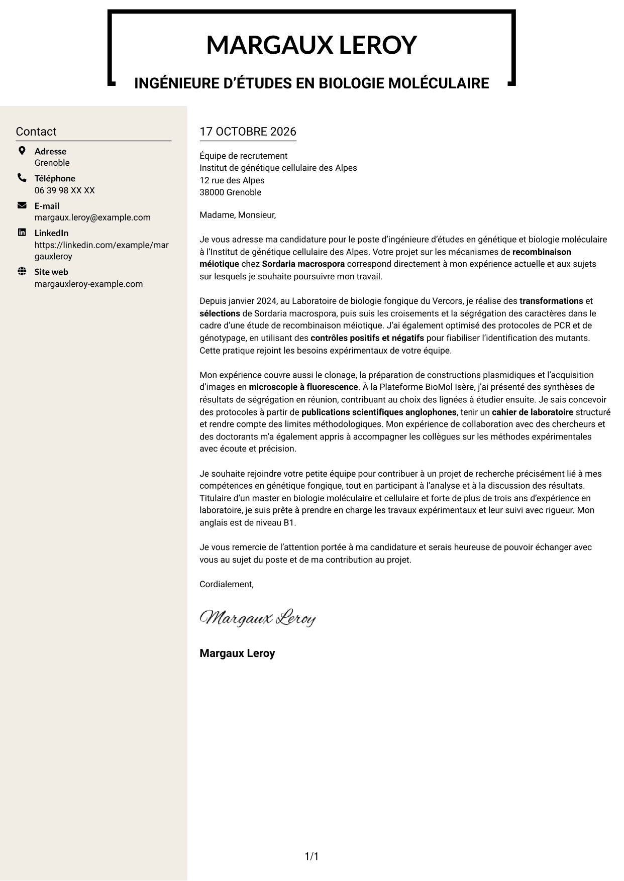 Lettre de motivation Fonceur (format à deux colonnes avec en-tête centré sans photo) : Ingénieur·e d’études en génétique et biologie moléculaire, page 1