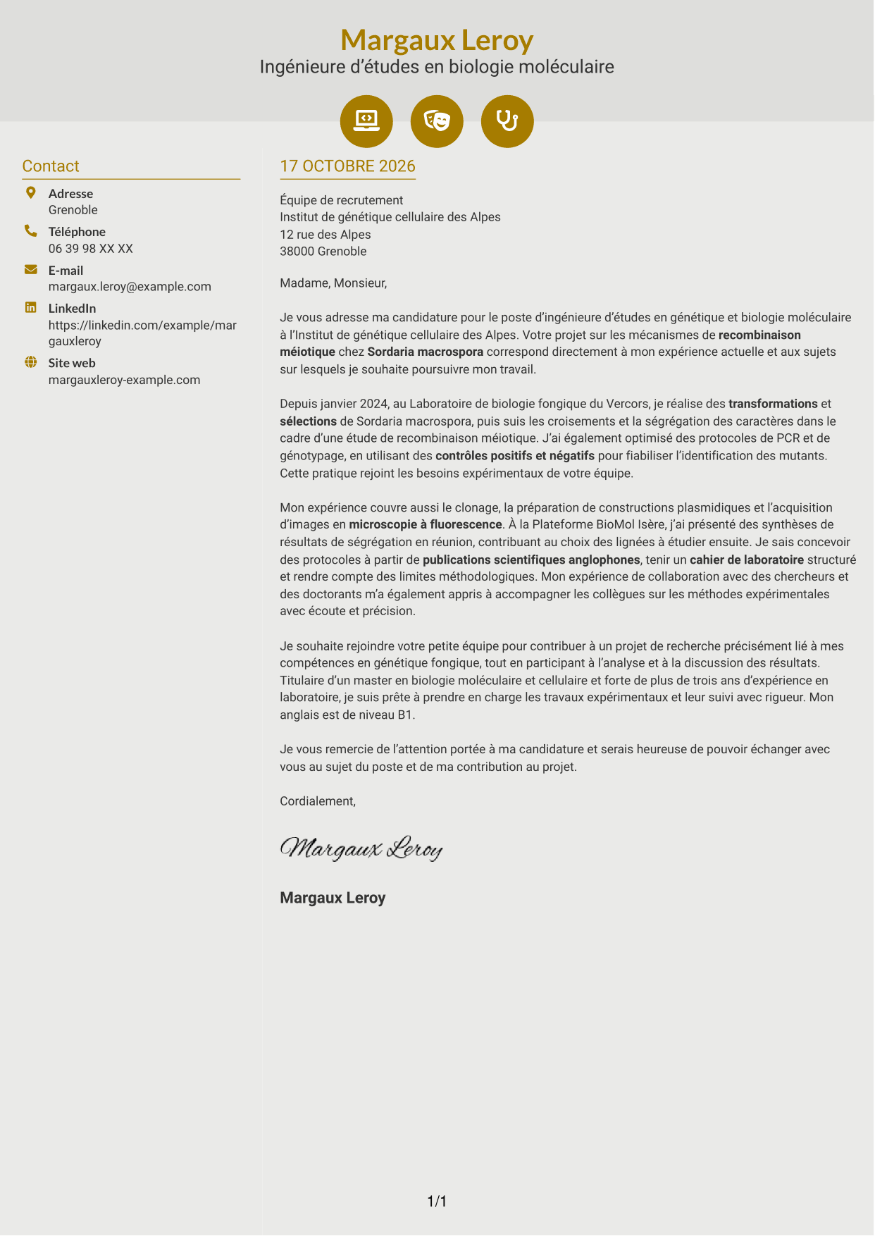 Lettre de motivation Dynamique (format à deux colonnes avec icônes) : Ingénieur·e d’études en génétique et biologie moléculaire, page 1
