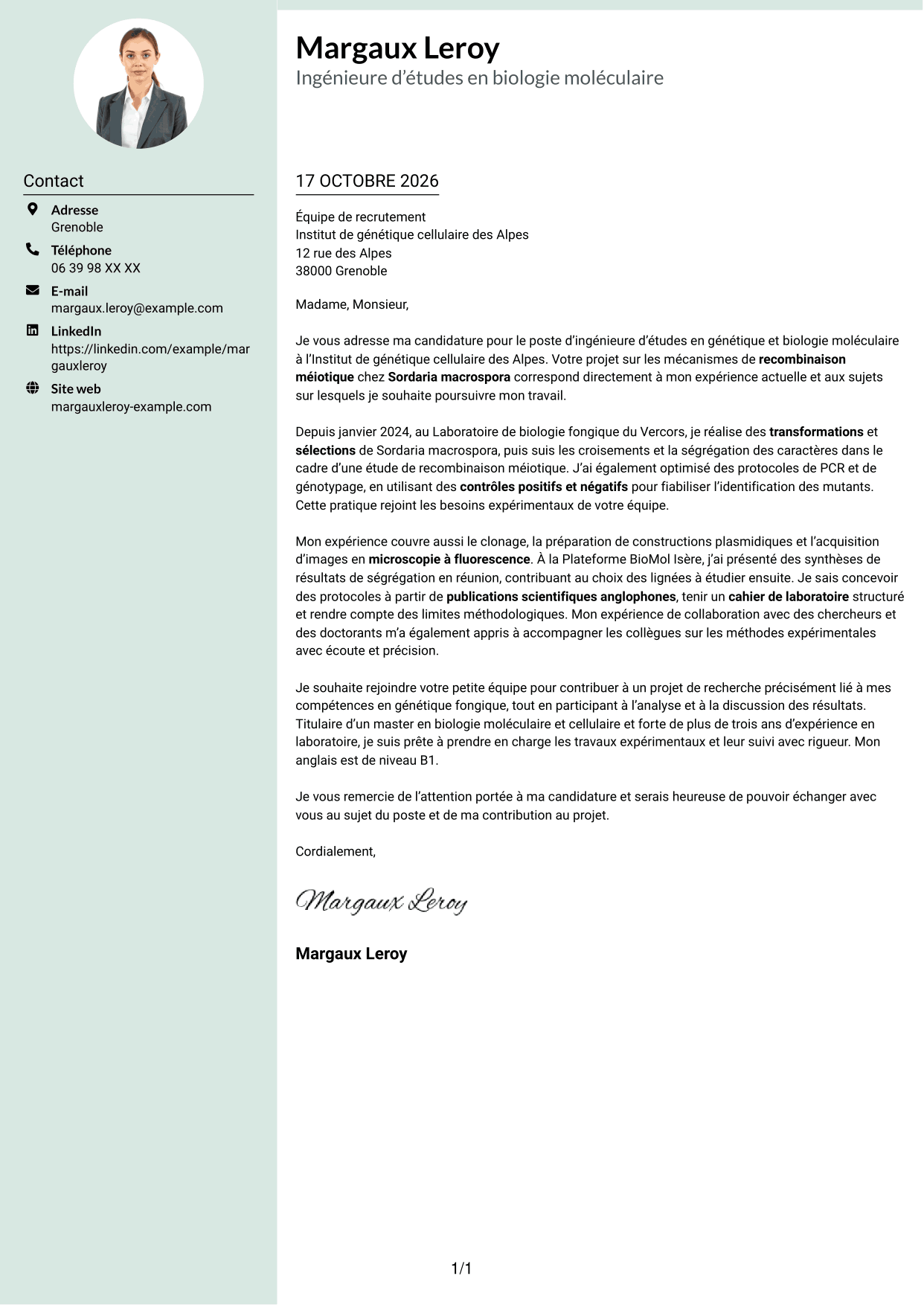 Lettre de motivation Cadre (format à colonne latérale douce avec photo arrondie) : Ingénieur·e d’études en génétique et biologie moléculaire, page 1
