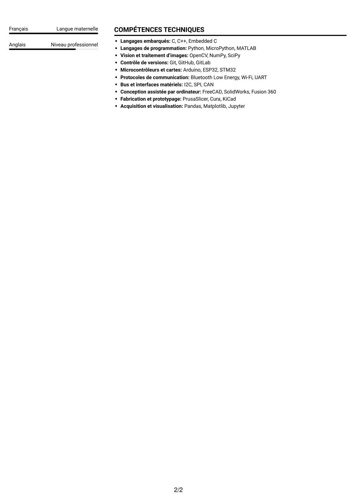 CV Compact (format sobre à deux colonnes avec photo) : Ingénieur en conception instrumentale - Robotique en essaim et apprentissage collectif, page 2