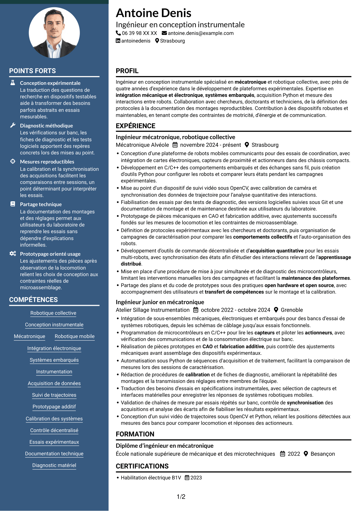 CV Élégant (format à colonne latérale colorée avec photo) : Ingénieur en conception instrumentale - Robotique en essaim et apprentissage collectif, page 1