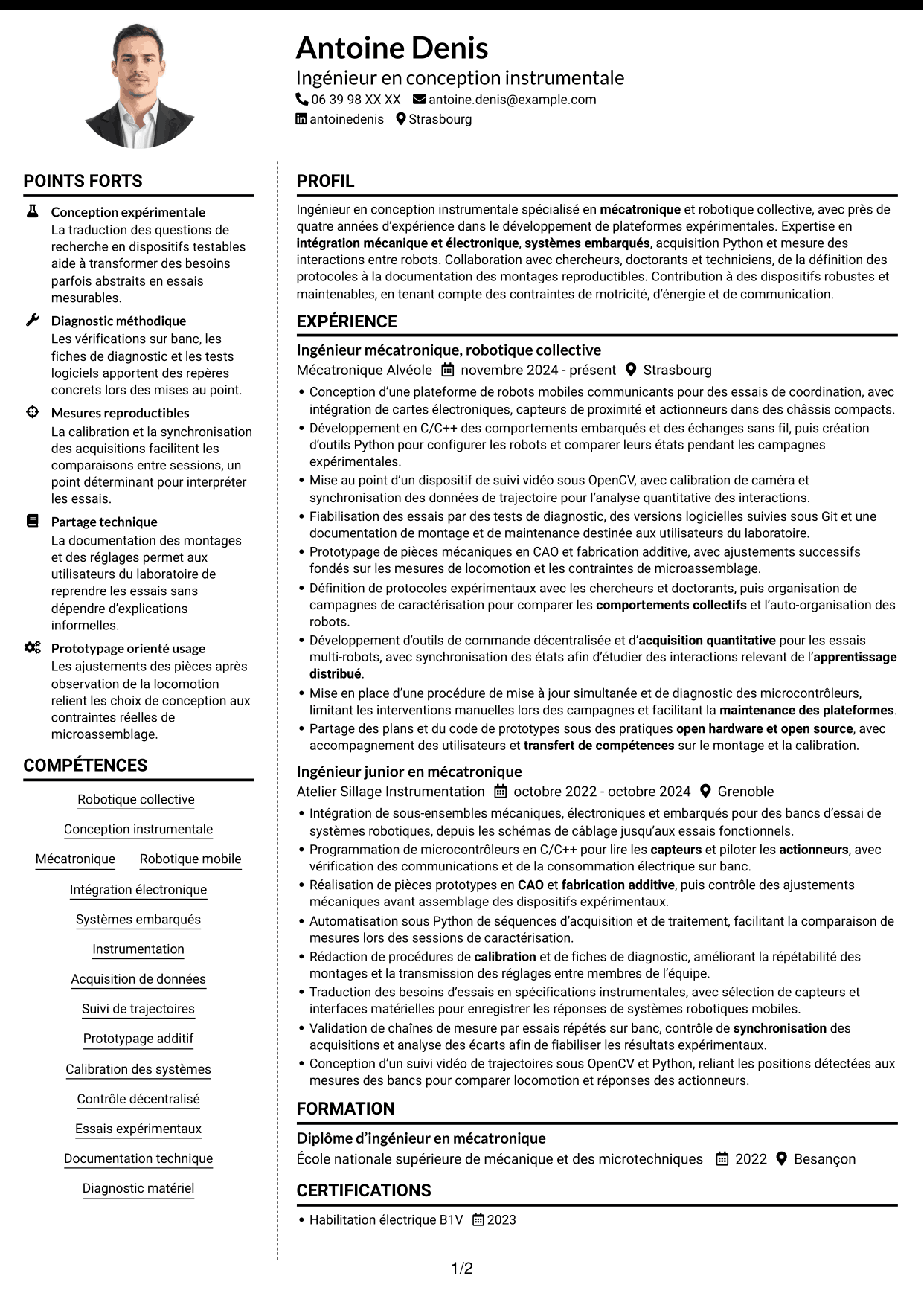 CV Moderne (format à deux colonnes avec photo à gauche et séparateur) : Ingénieur en conception instrumentale - Robotique en essaim et apprentissage collectif, page 1
