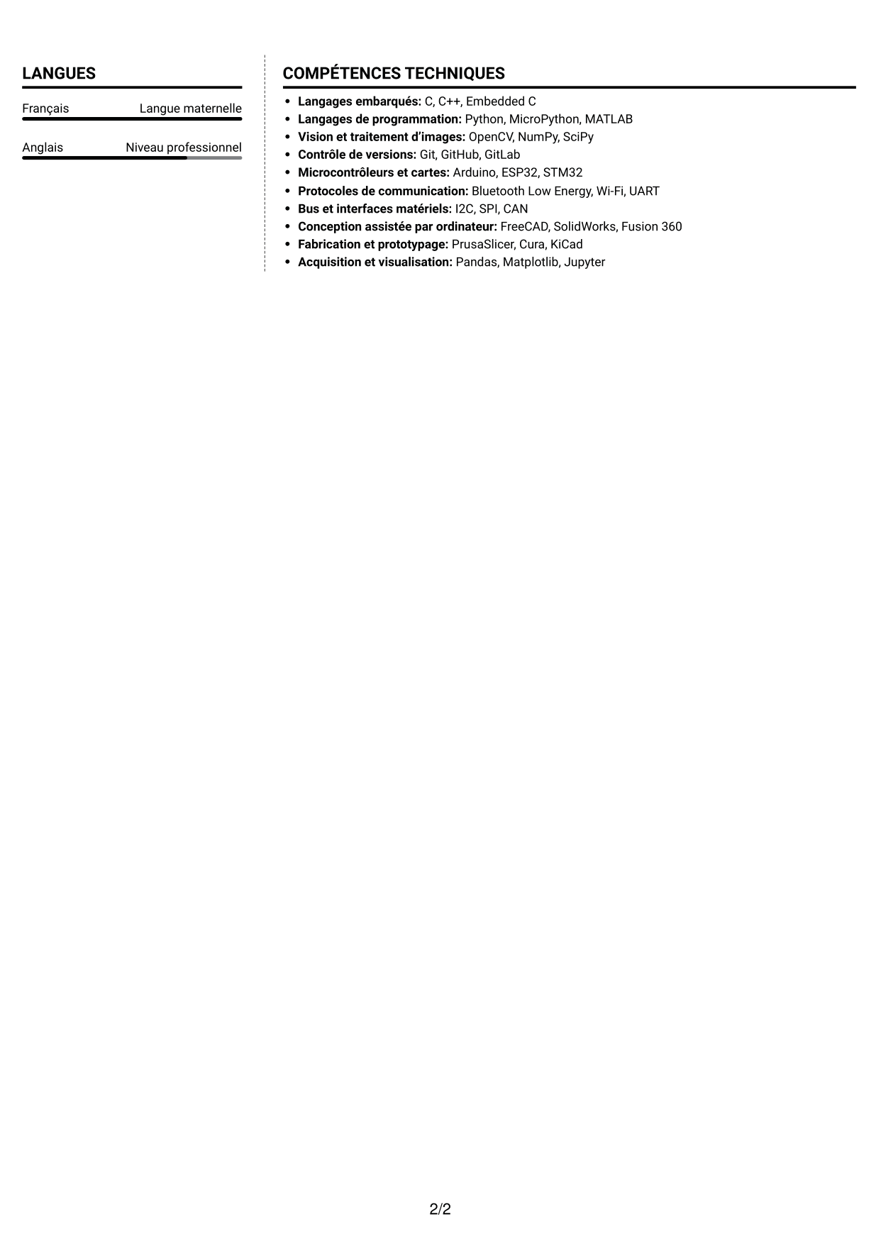 CV Moderne (format à deux colonnes avec photo à gauche et séparateur) : Ingénieur en conception instrumentale - Robotique en essaim et apprentissage collectif, page 2