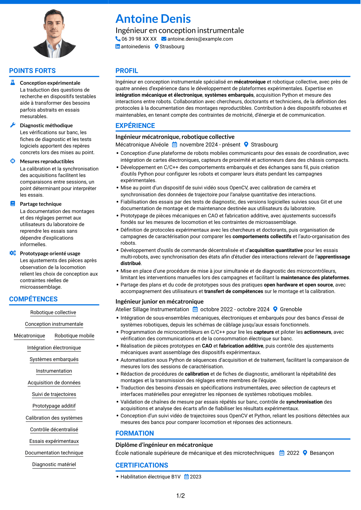CV Audacieux (format à deux colonnes avec accents colorés et photo) : Ingénieur en conception instrumentale - Robotique en essaim et apprentissage collectif, page 1