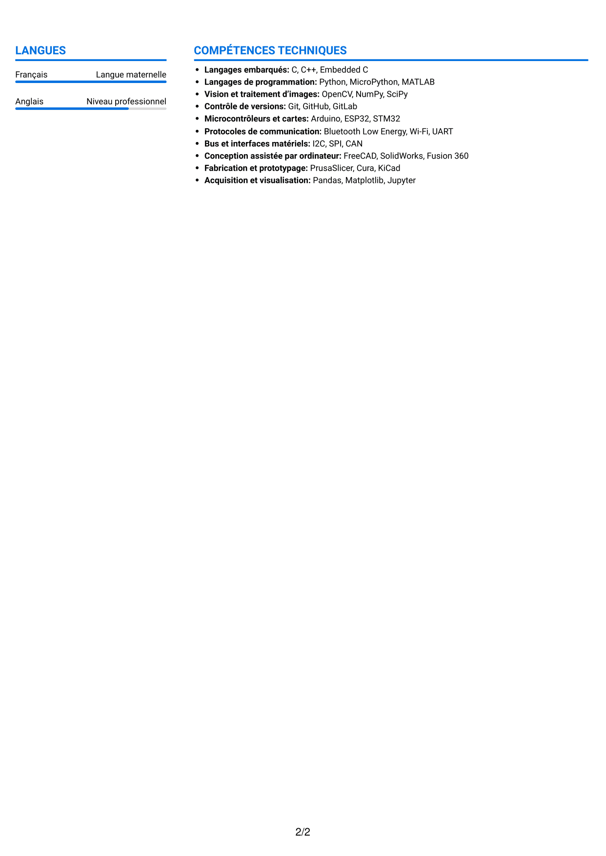 CV Audacieux (format à deux colonnes avec accents colorés et photo) : Ingénieur en conception instrumentale - Robotique en essaim et apprentissage collectif, page 2