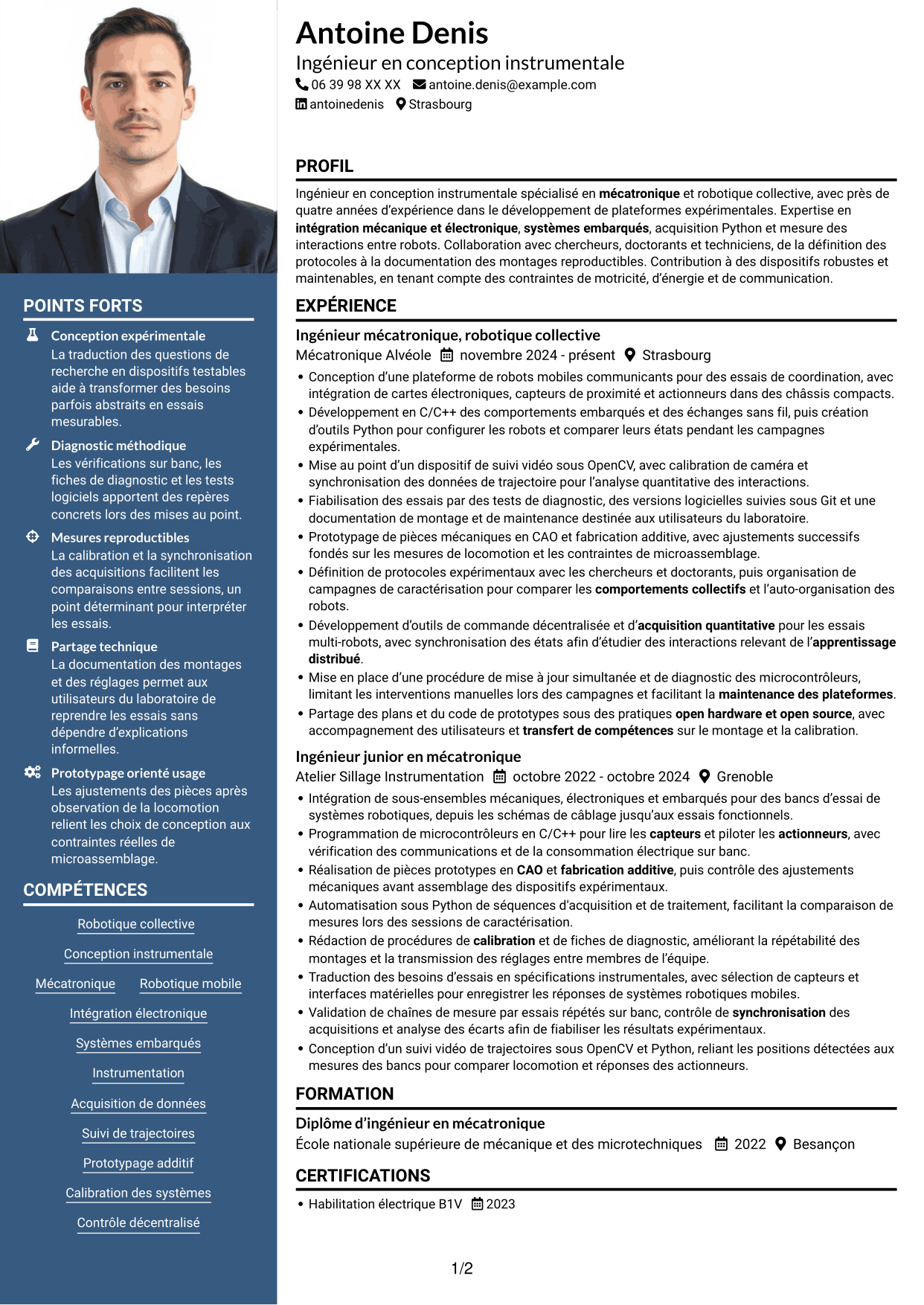 CV Signature (format à colonne latérale colorée avec grande photo) : Ingénieur en conception instrumentale - Robotique en essaim et apprentissage collectif, page 1