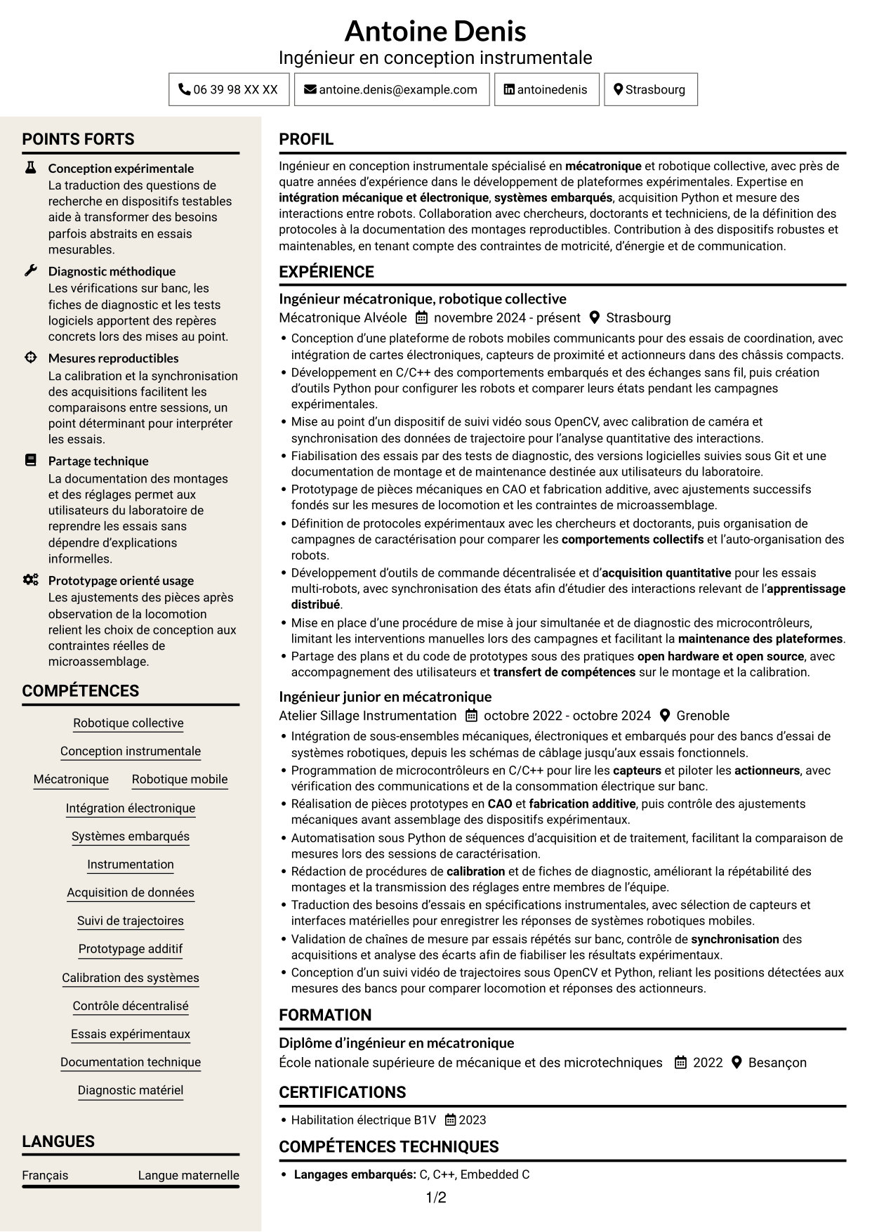 CV Fonceur (format à deux colonnes avec en-tête centré sans photo) : Ingénieur en conception instrumentale - Robotique en essaim et apprentissage collectif, page 1