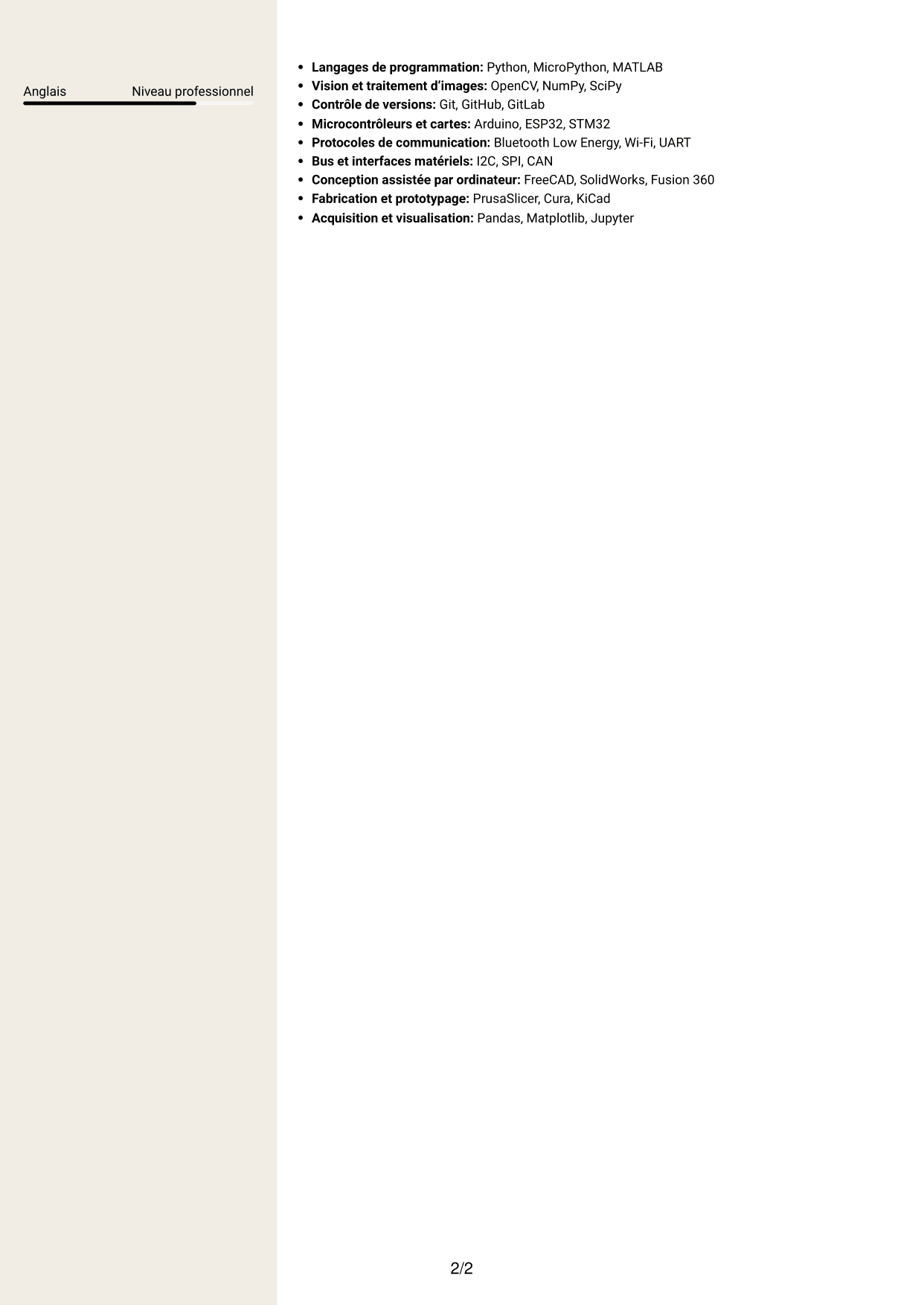 CV Fonceur (format à deux colonnes avec en-tête centré sans photo) : Ingénieur en conception instrumentale - Robotique en essaim et apprentissage collectif, page 2