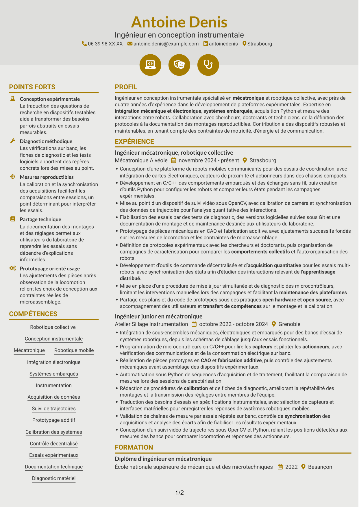CV Dynamique (format à deux colonnes avec icônes) : Ingénieur en conception instrumentale - Robotique en essaim et apprentissage collectif, page 1