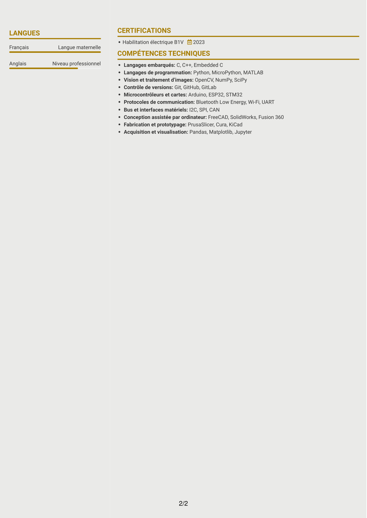 CV Dynamique (format à deux colonnes avec icônes) : Ingénieur en conception instrumentale - Robotique en essaim et apprentissage collectif, page 2