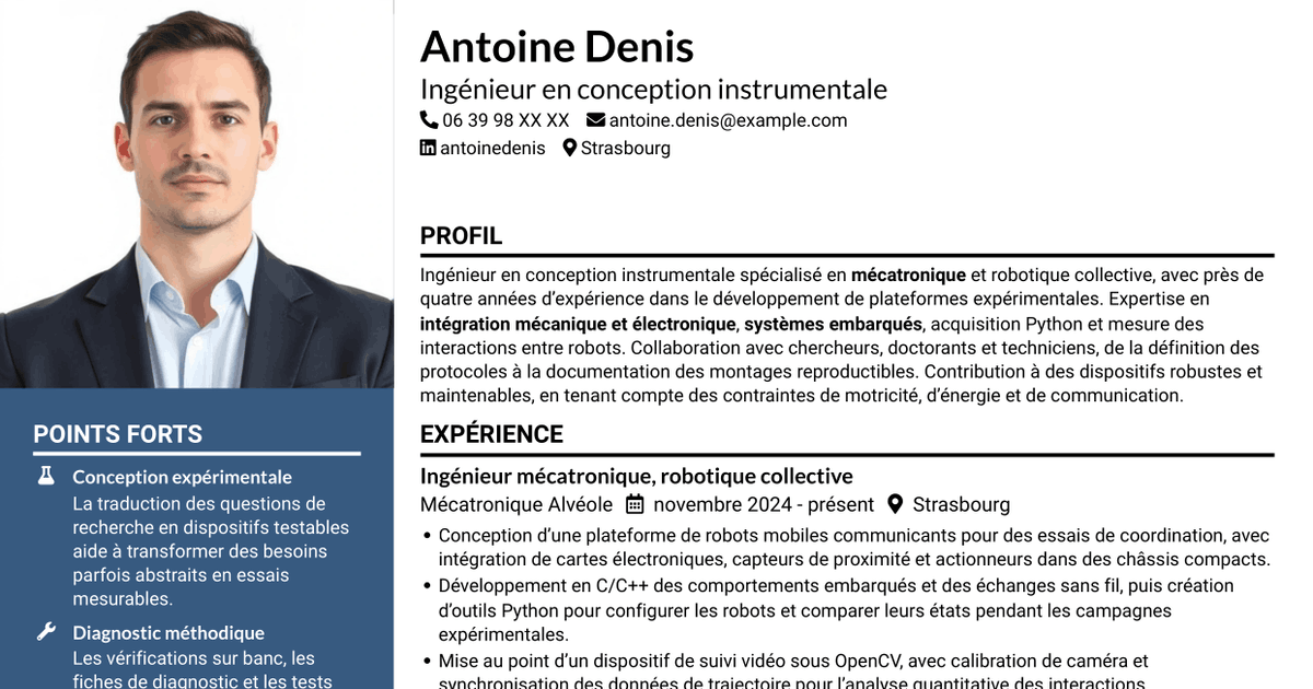 7 modèles de CV pour Ingénieur en conception instrumentale - Robotique en essaim et apprentissage collectif, avec exemples