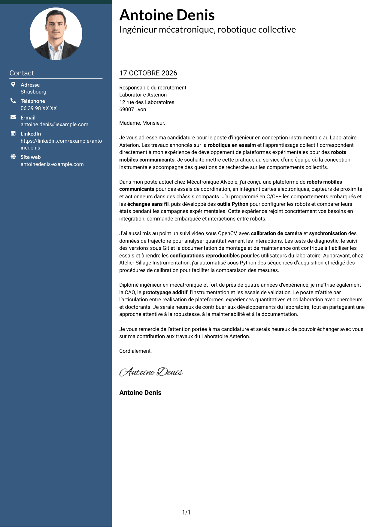 Lettre de motivation Élégant (format à colonne latérale colorée avec photo) : Ingénieur en conception instrumentale - Robotique en essaim et apprentissage collectif, page 1