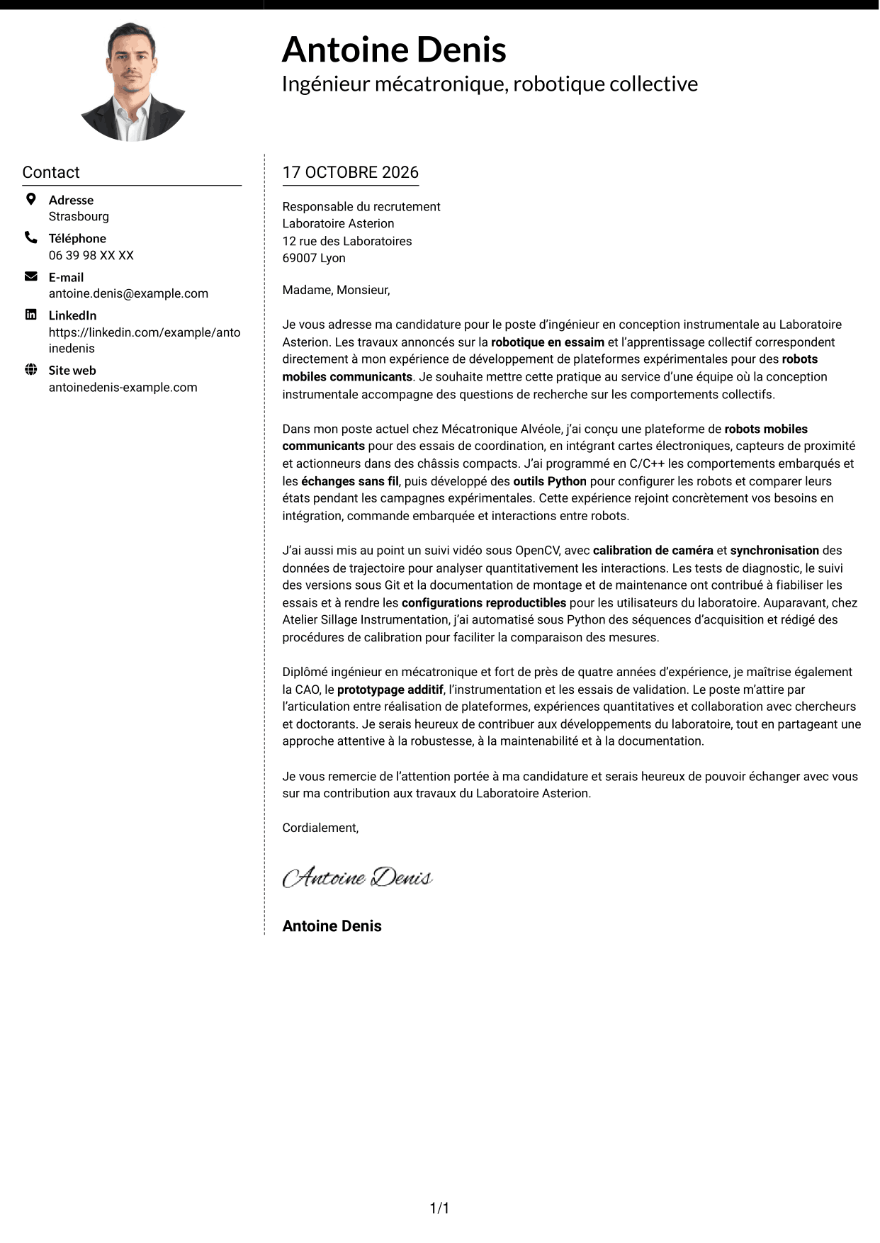 Lettre de motivation Moderne (format à deux colonnes avec photo à gauche et séparateur) : Ingénieur en conception instrumentale - Robotique en essaim et apprentissage collectif, page 1