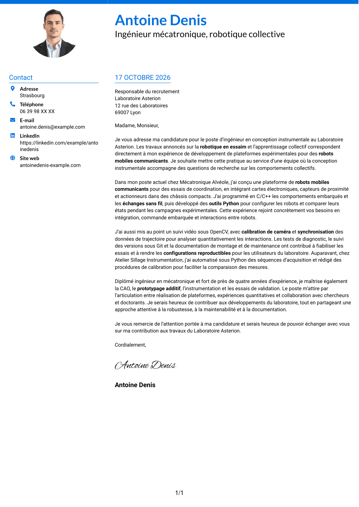Lettre de motivation Audacieux (format à deux colonnes avec accents colorés et photo) : Ingénieur en conception instrumentale - Robotique en essaim et apprentissage collectif, page 1