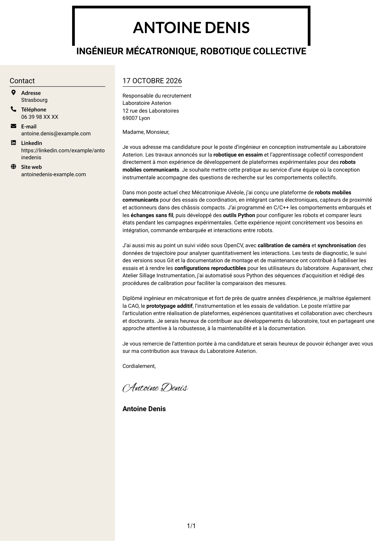 Lettre de motivation Fonceur (format à deux colonnes avec en-tête centré sans photo) : Ingénieur en conception instrumentale - Robotique en essaim et apprentissage collectif, page 1