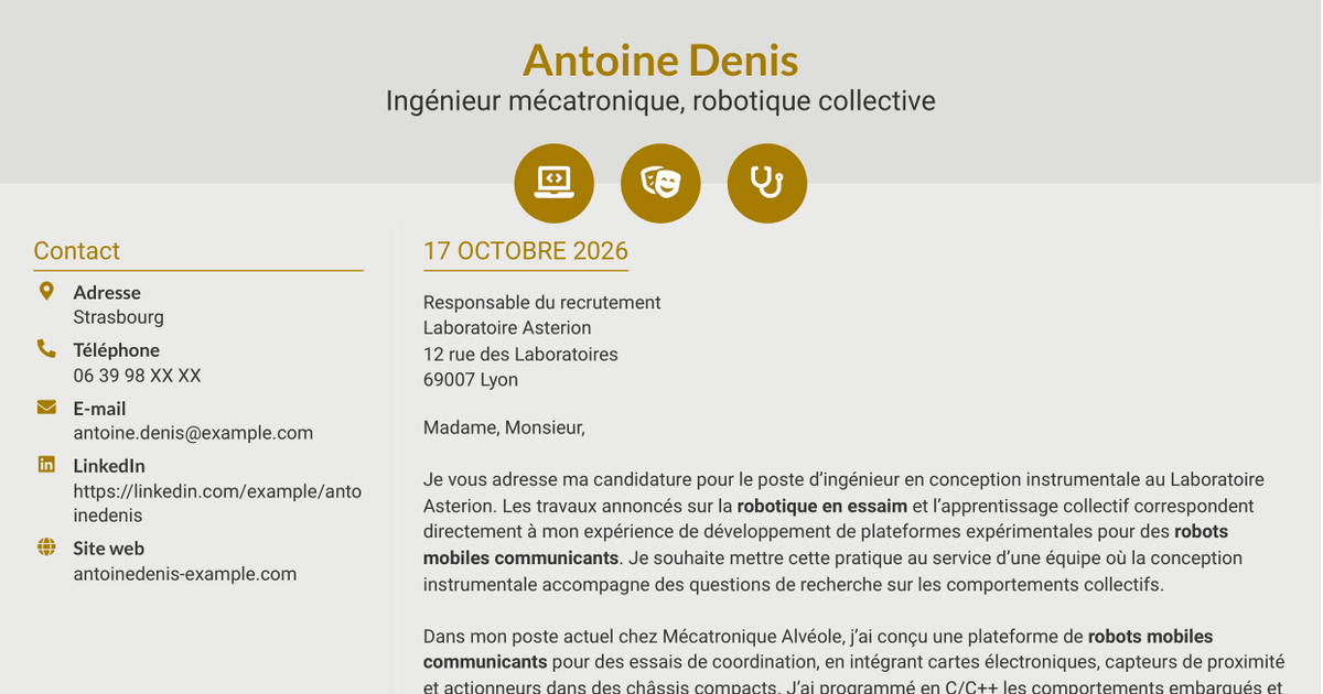 7 modèles de lettre de motivation pour Ingénieur en conception instrumentale - Robotique en essaim et apprentissage collectif, avec exemples