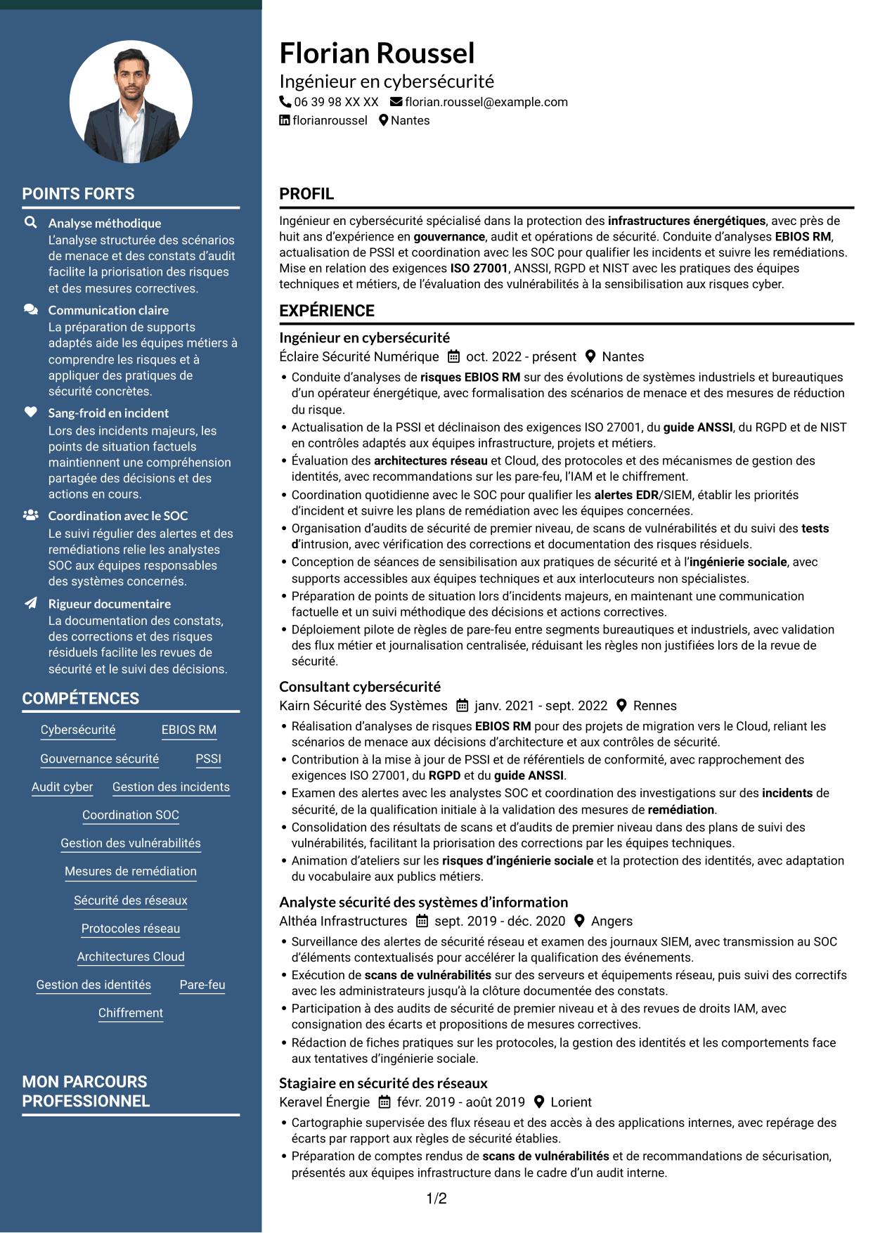 CV Élégant (format à colonne latérale colorée avec photo) : Ingénieur en cybersécurité - Infrastructures énergétiques, page 1