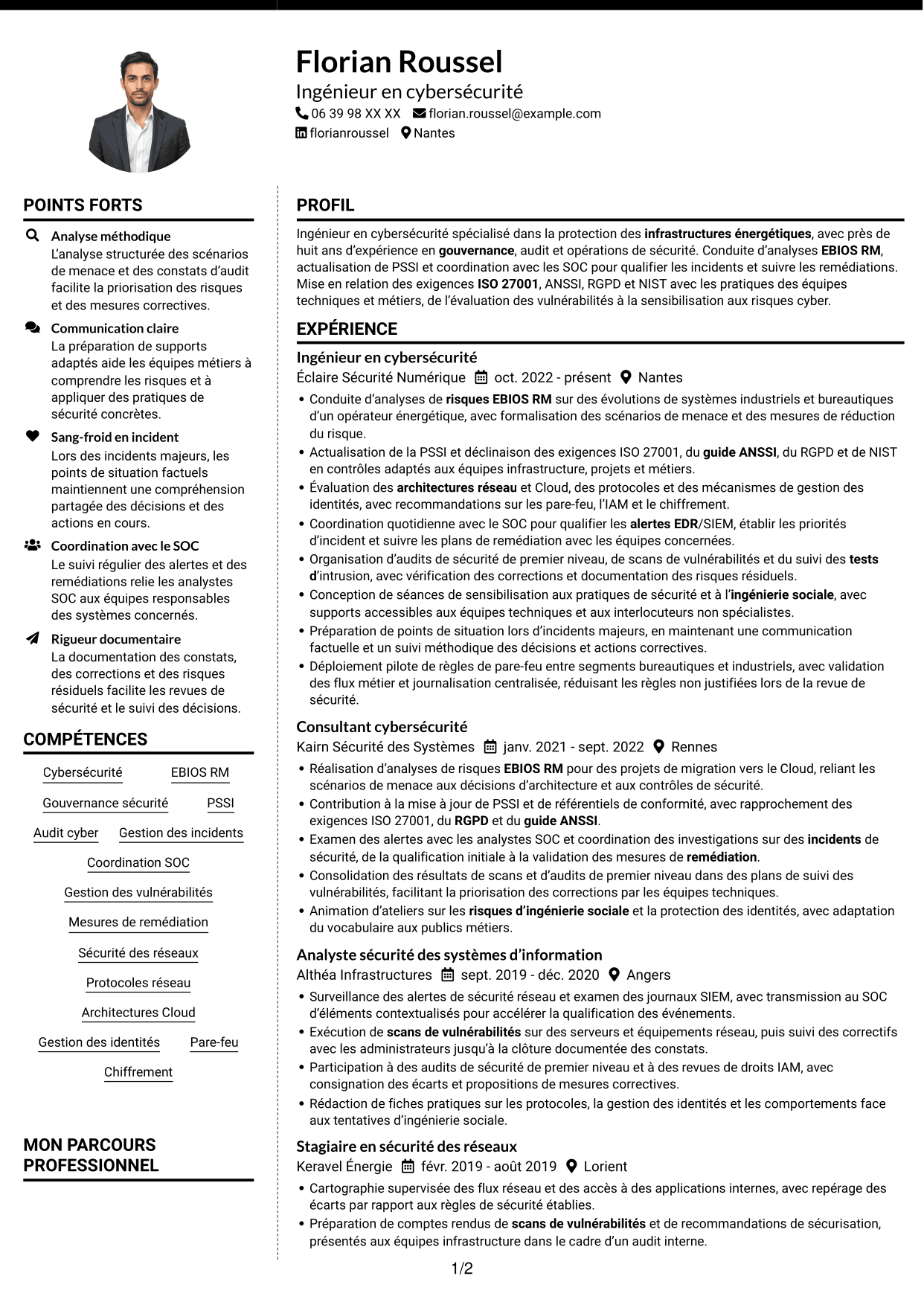 CV Moderne (format à deux colonnes avec photo à gauche et séparateur) : Ingénieur en cybersécurité - Infrastructures énergétiques, page 1