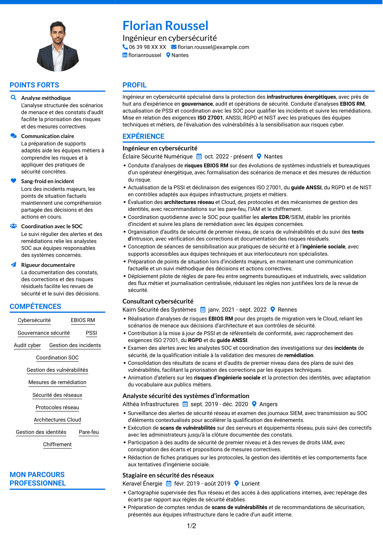 CV Audacieux (format à deux colonnes avec accents colorés et photo) : Ingénieur en cybersécurité - Infrastructures énergétiques, page 1